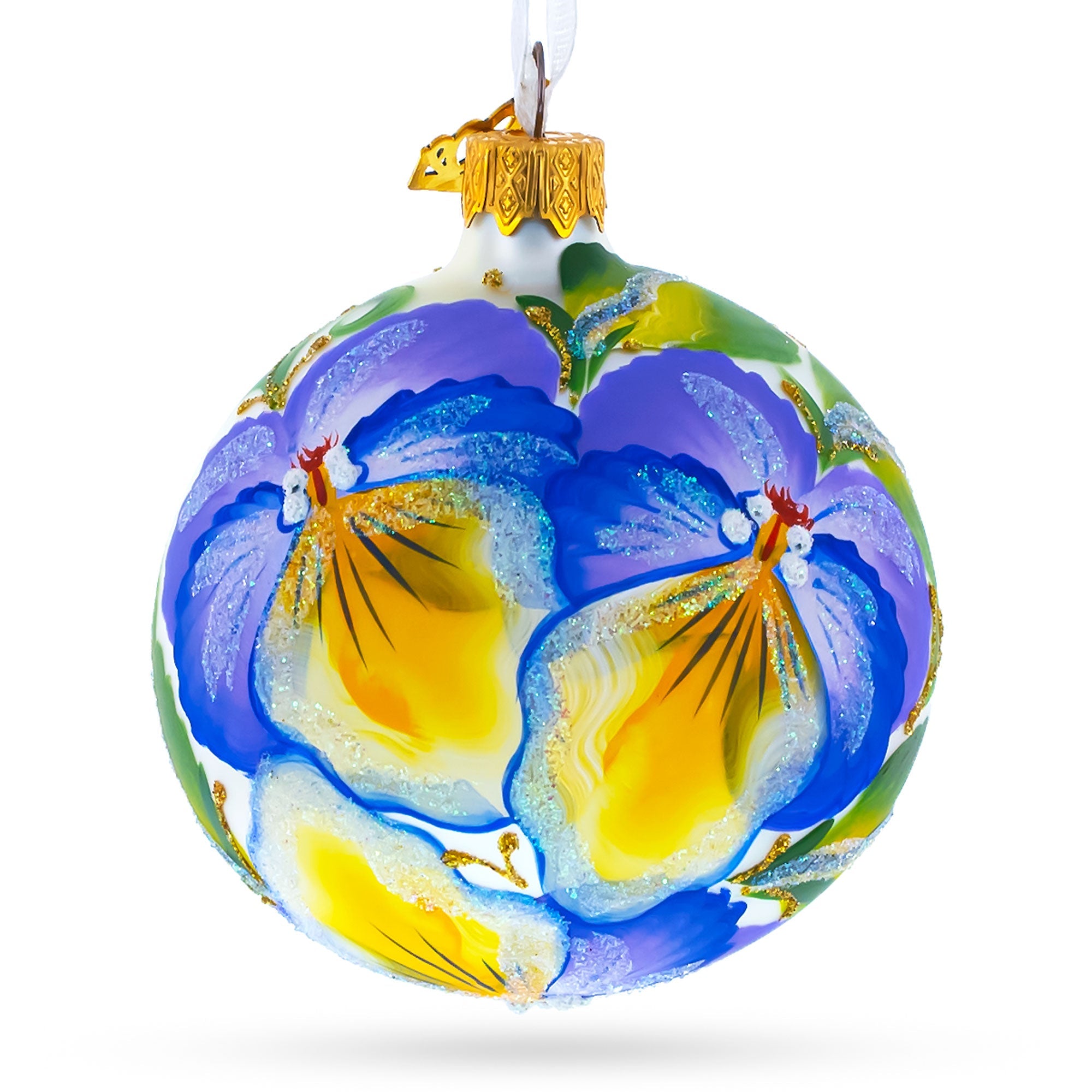 Charming Purple Pansy Flowers - Blown Glass Christmas Ornament 3.25 Inches