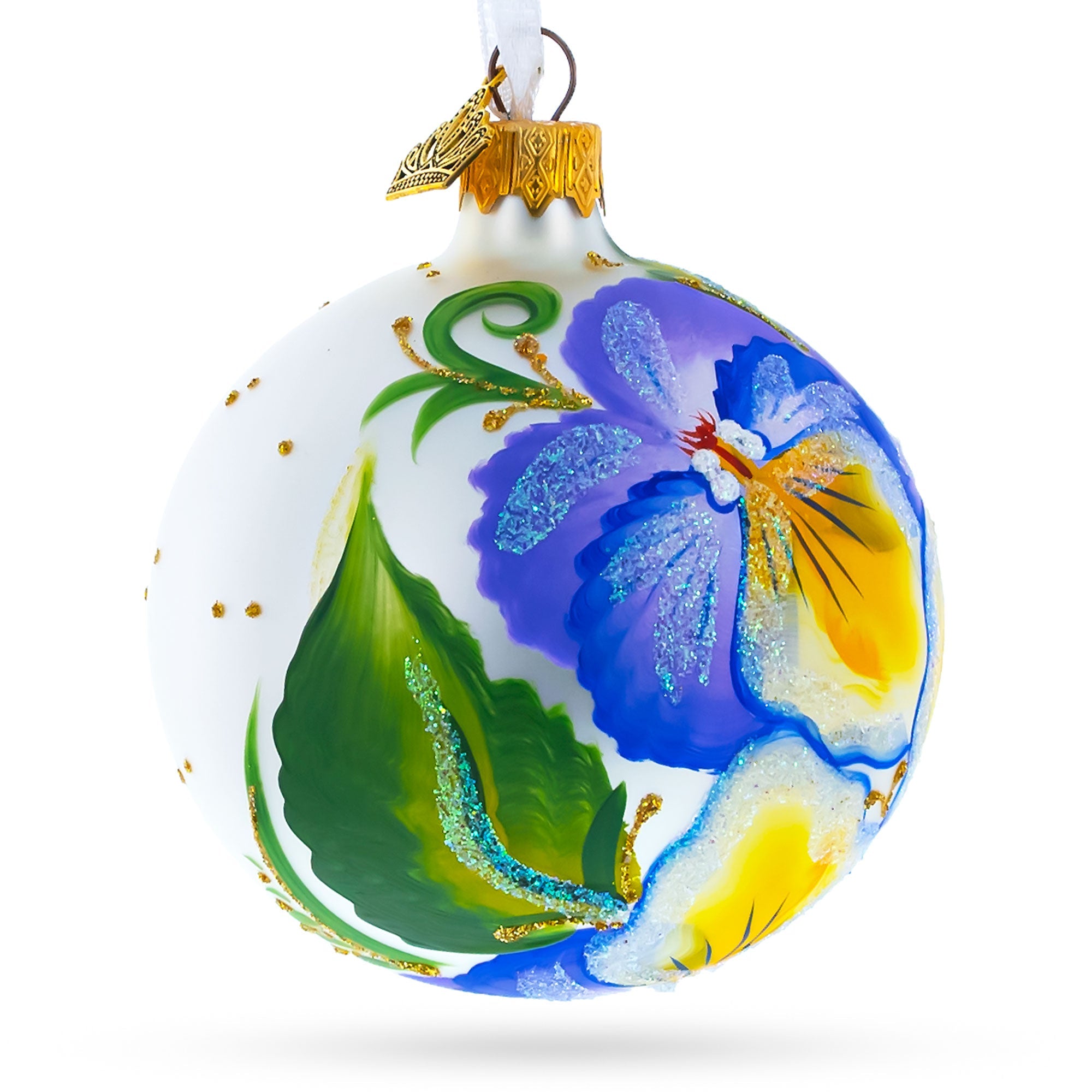 Charming Purple Pansy Flowers - Blown Glass Christmas Ornament 3.25 Inches