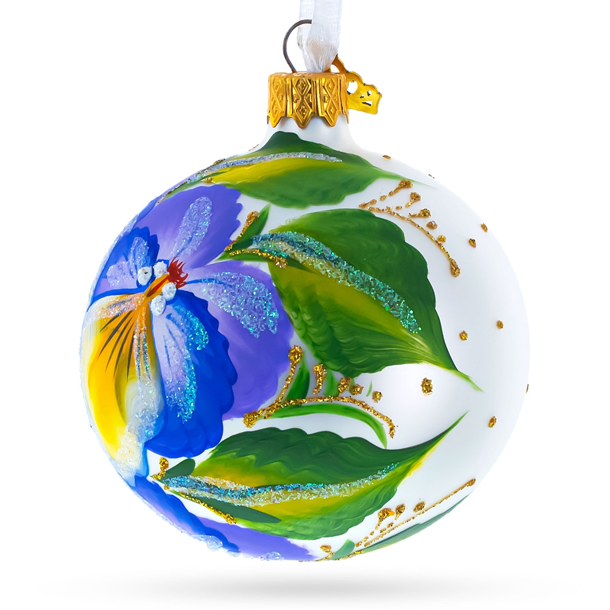 Charming Purple Pansy Flowers - Blown Glass Christmas Ornament 3.25 Inches