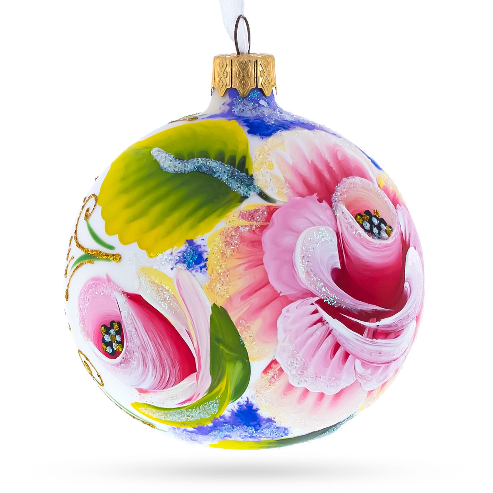 Exquisite Roses Flowers - Blown Glass Ball Christmas Ornament 3.25 Inches