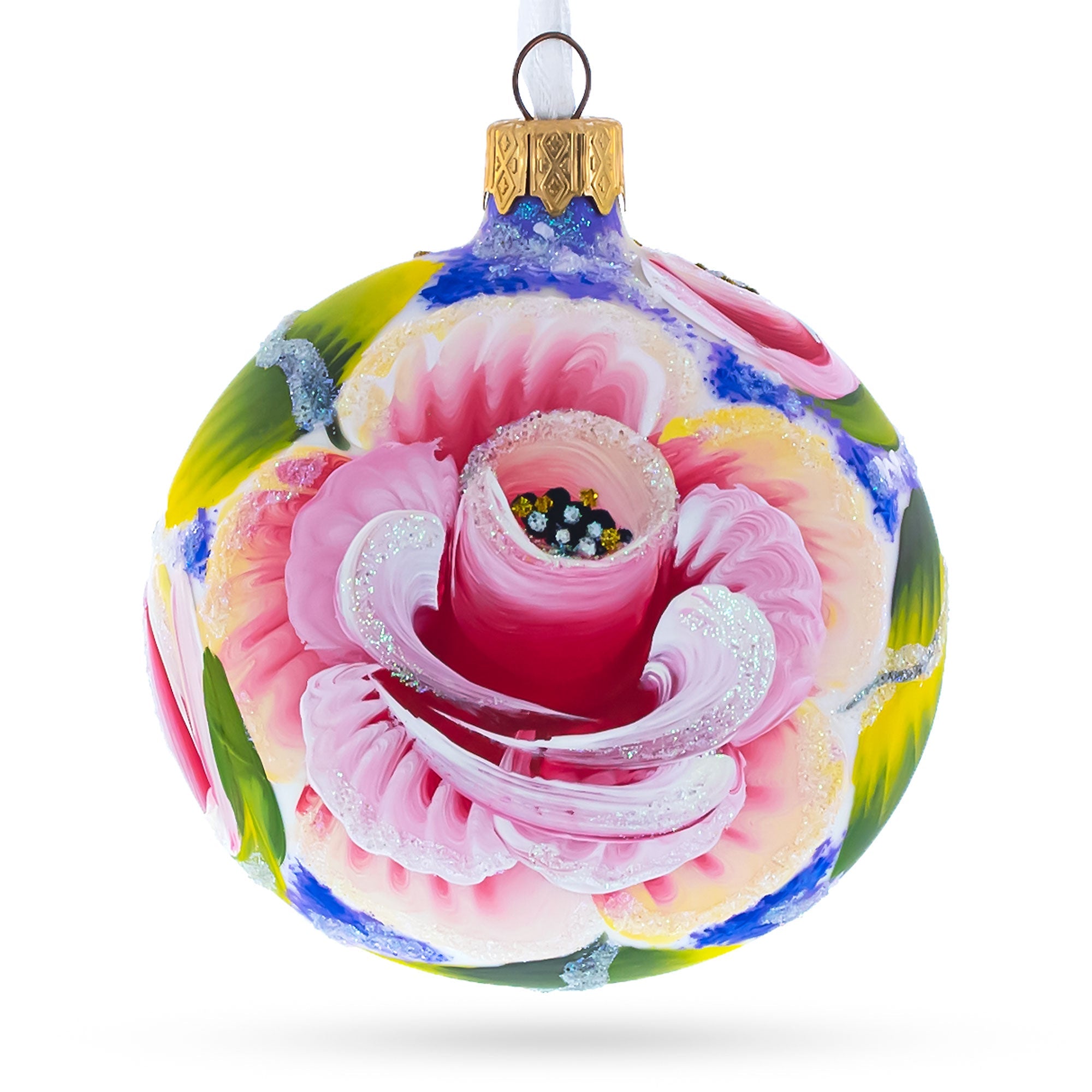 Exquisite Roses Flowers - Blown Glass Ball Christmas Ornament 3.25 Inches