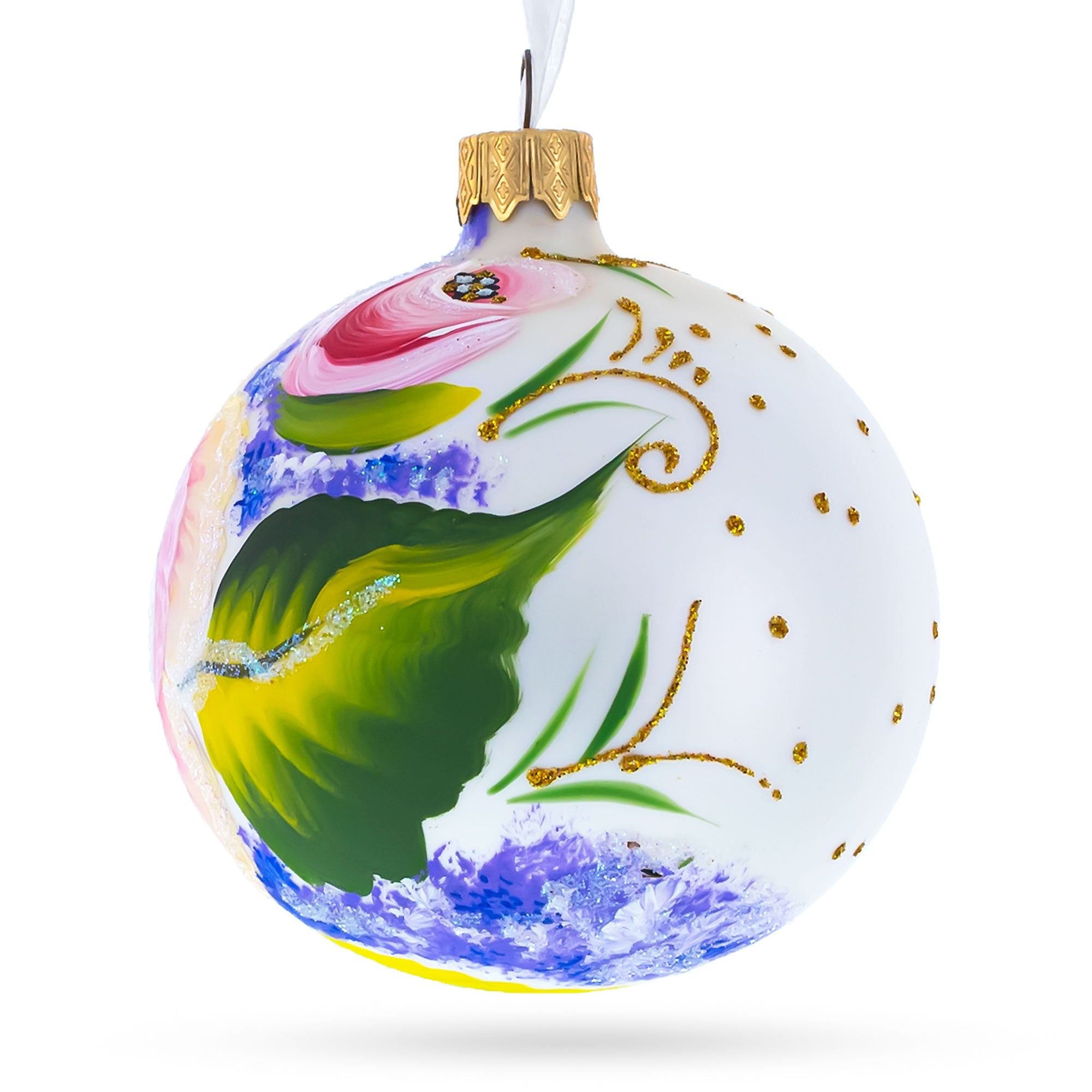 Exquisite Roses Flowers - Blown Glass Ball Christmas Ornament 3.25 Inches