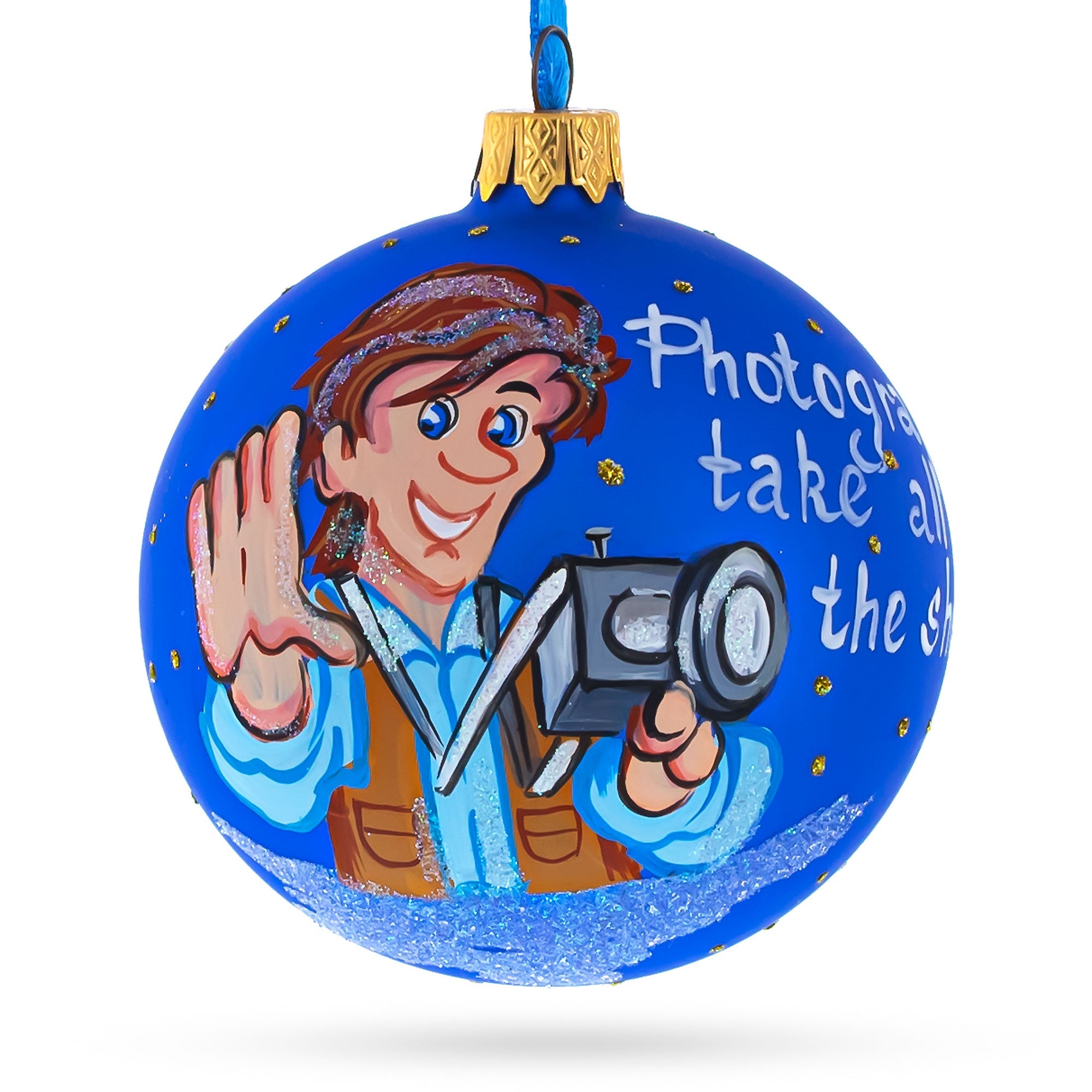 Capturing Memories: Photographer Holding Camera - Blown Glass Christmas Ornament 3.25 Inches