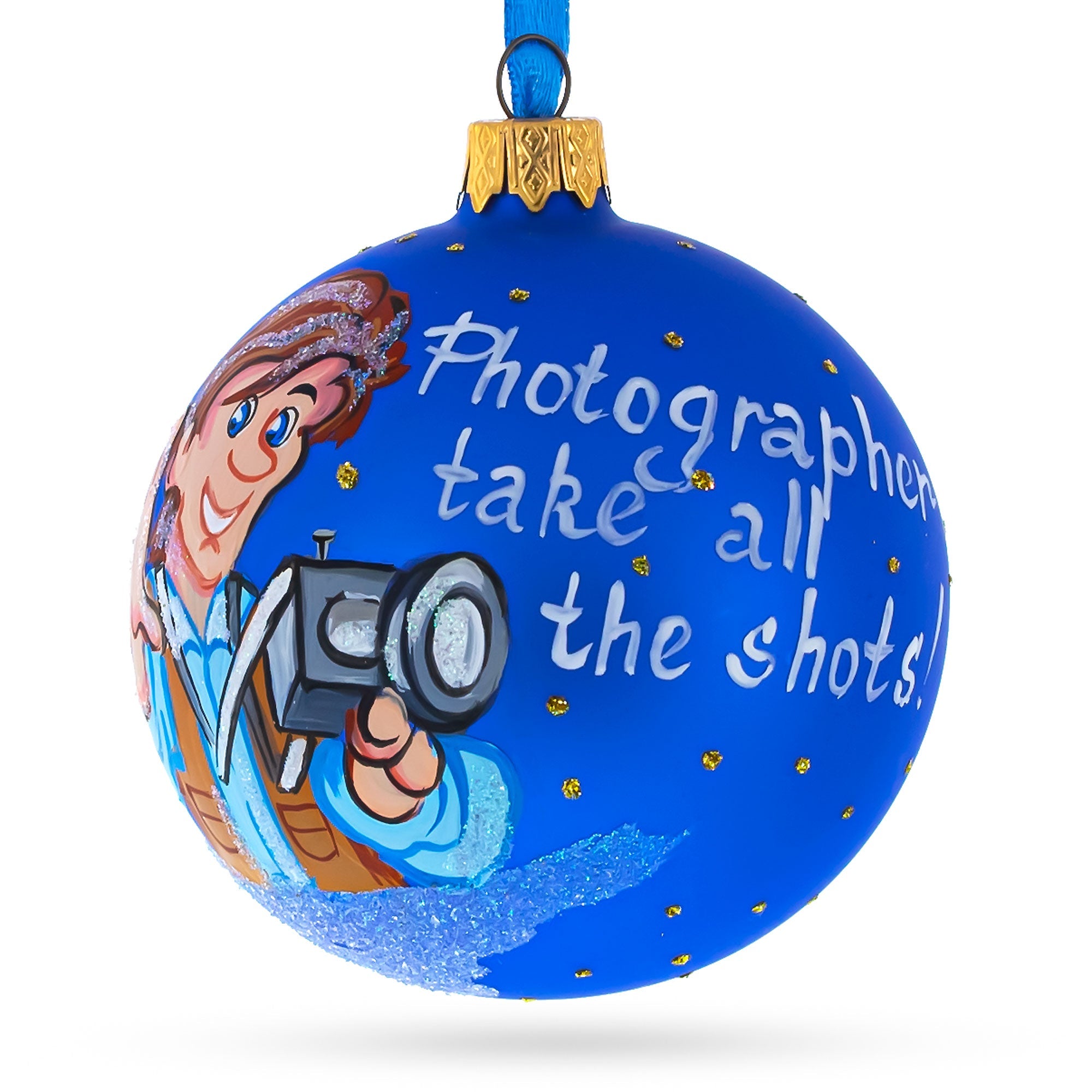 Capturing Memories: Photographer Holding Camera - Blown Glass Christmas Ornament 3.25 Inches