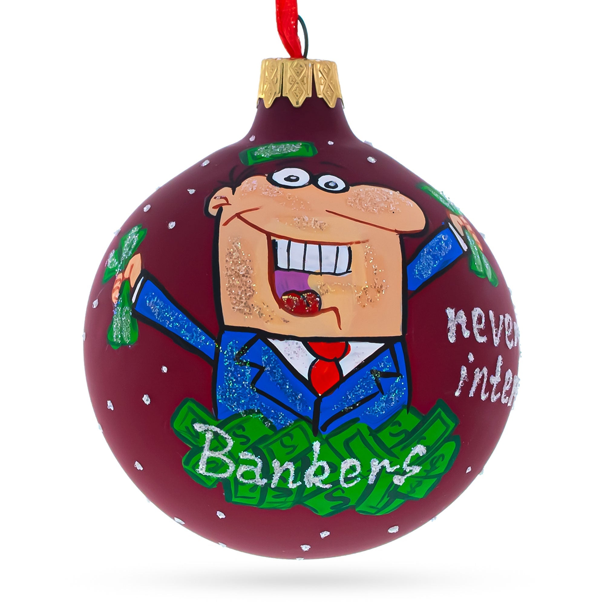 Joyful Happy Banker - Blown Glass Ball Christmas Ornament, 3.25 Inches