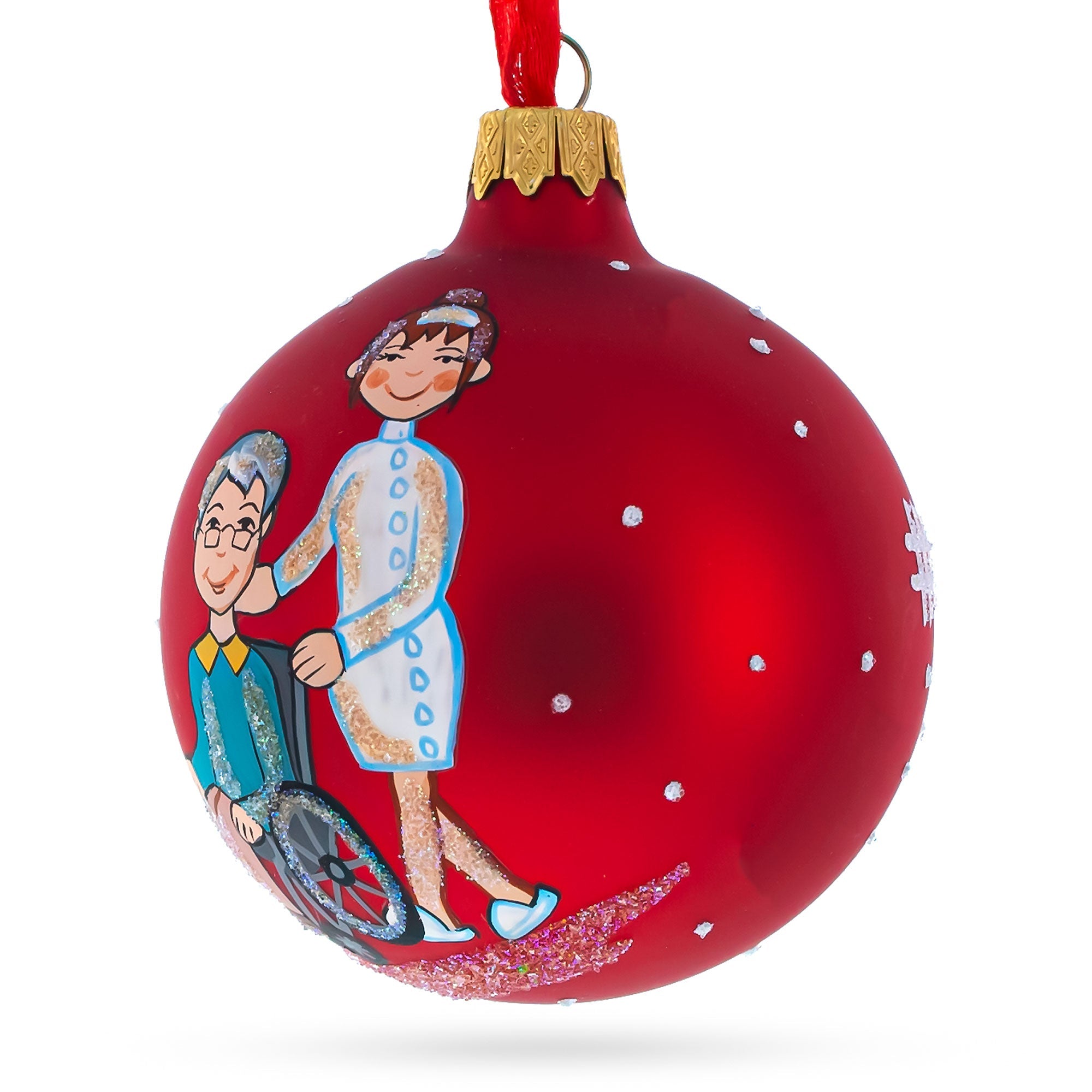 Compassionate Caregiver With Woman In Wheelchair - Blown Glass Ball Christmas Ornament 3.25 Inches