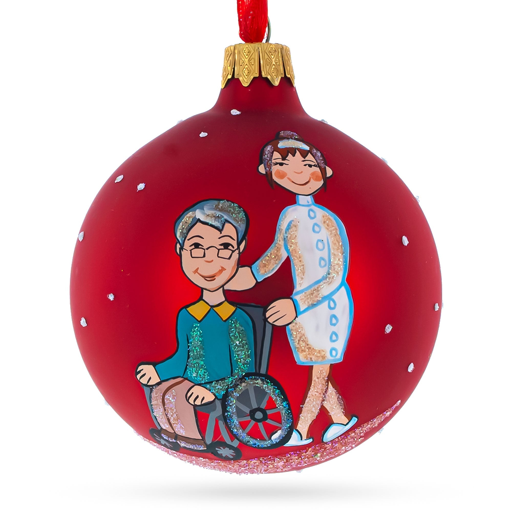 Compassionate Caregiver With Woman In Wheelchair - Blown Glass Ball Christmas Ornament 3.25 Inches