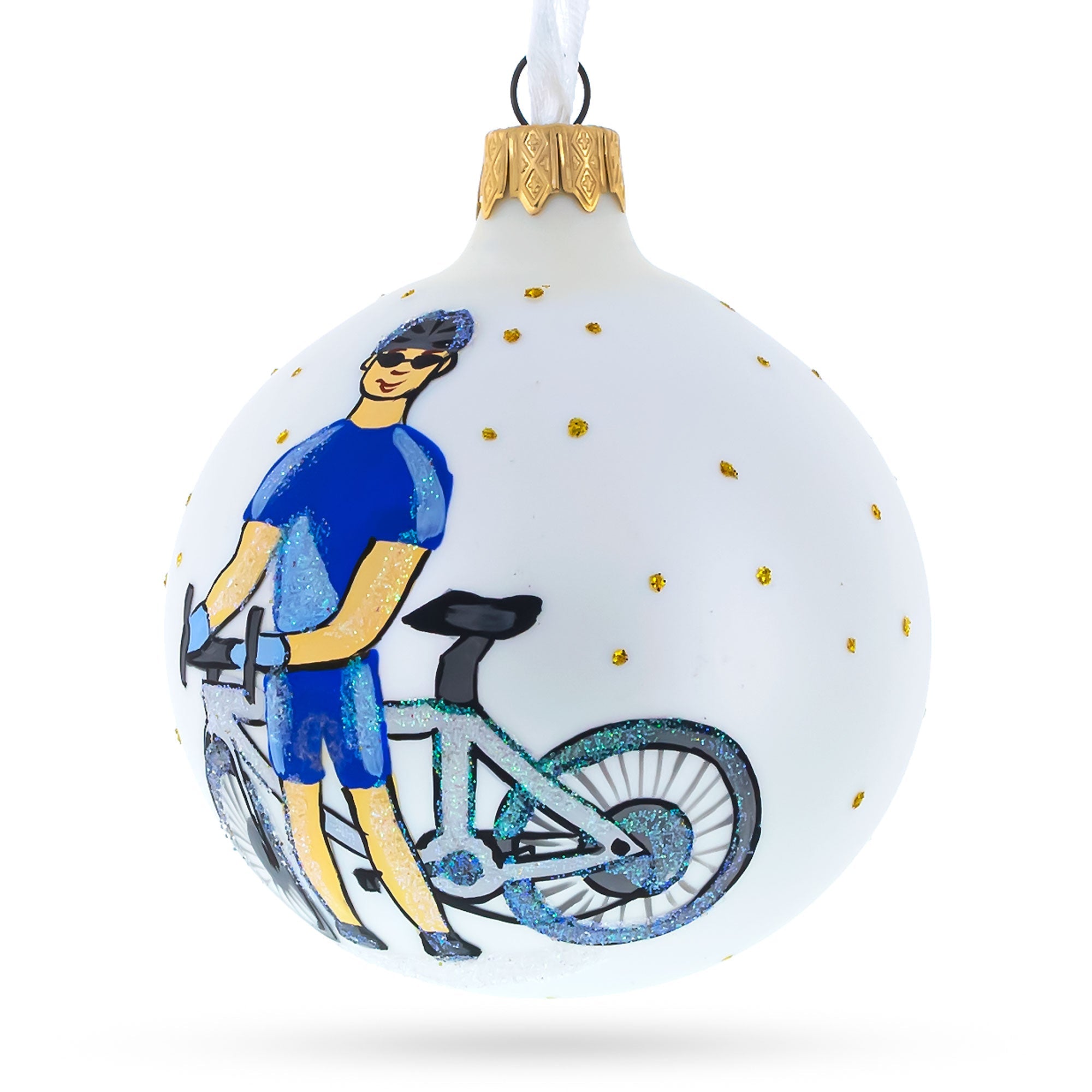 Pedaling Joy Bicycle Rider Blown Glass Ball Christmas Ornament 3.25 Inches