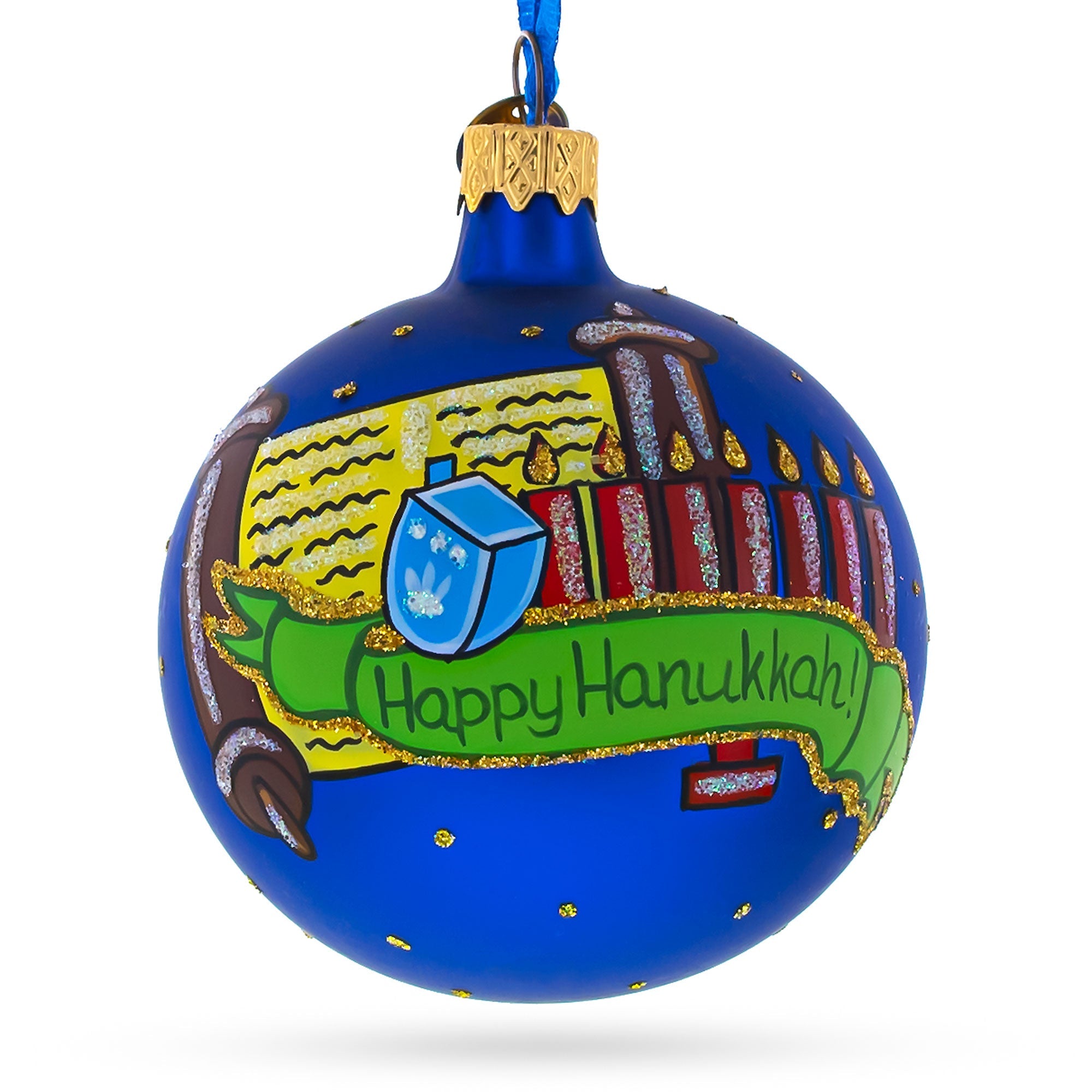 Festival Of Lights: Happy Hanukkah Jewish Celebration Blown Glass Ball Ornament 3.25 Inches