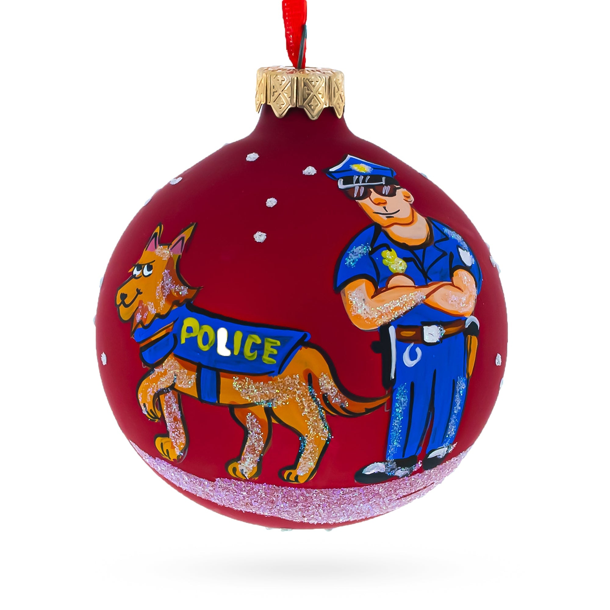 Guardians Of The Night: Policeman & Canine Blown Glass Ball Christmas Ornament 3.25 Inches