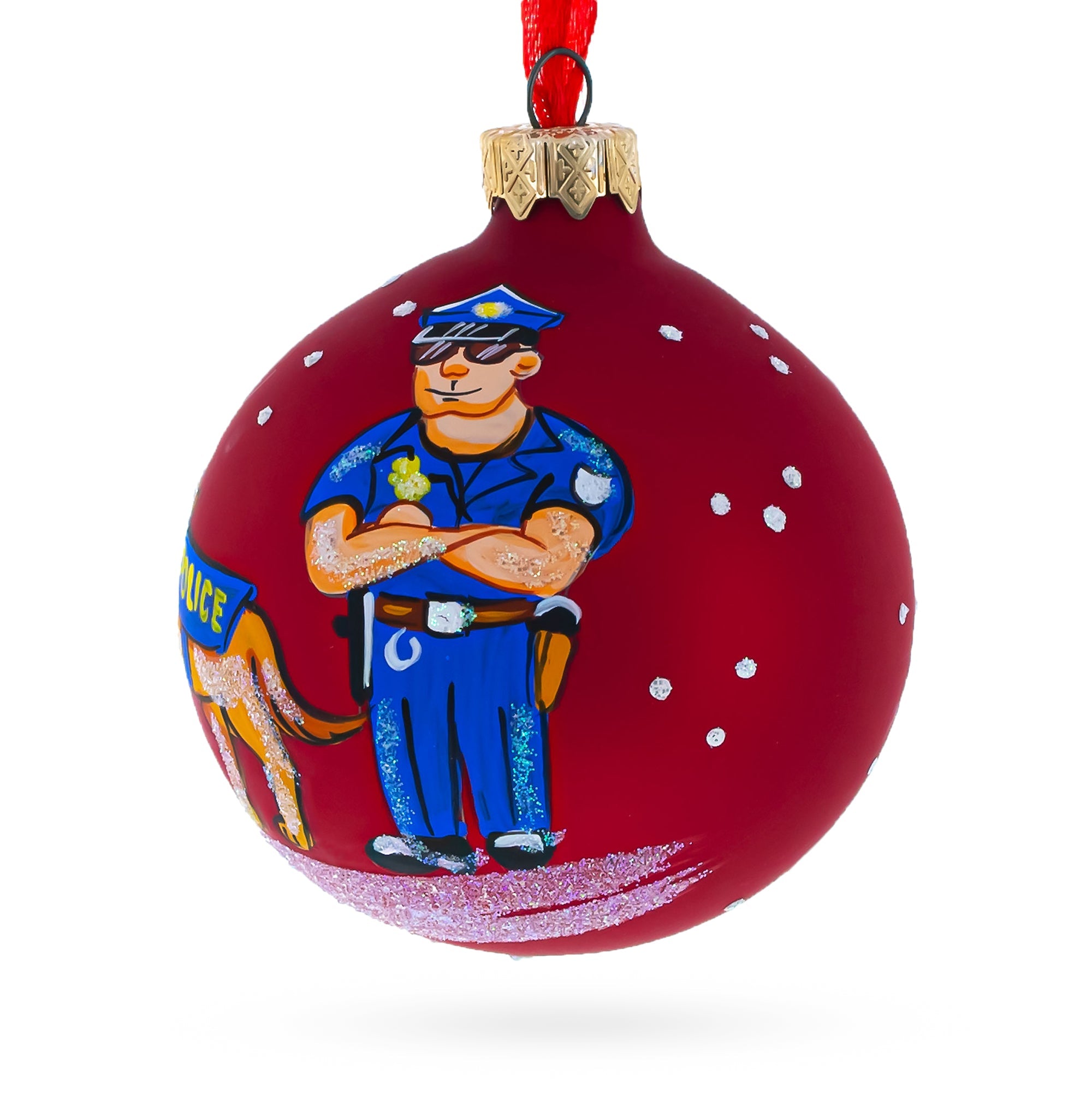 Guardians Of The Night: Policeman & Canine Blown Glass Ball Christmas Ornament 3.25 Inches