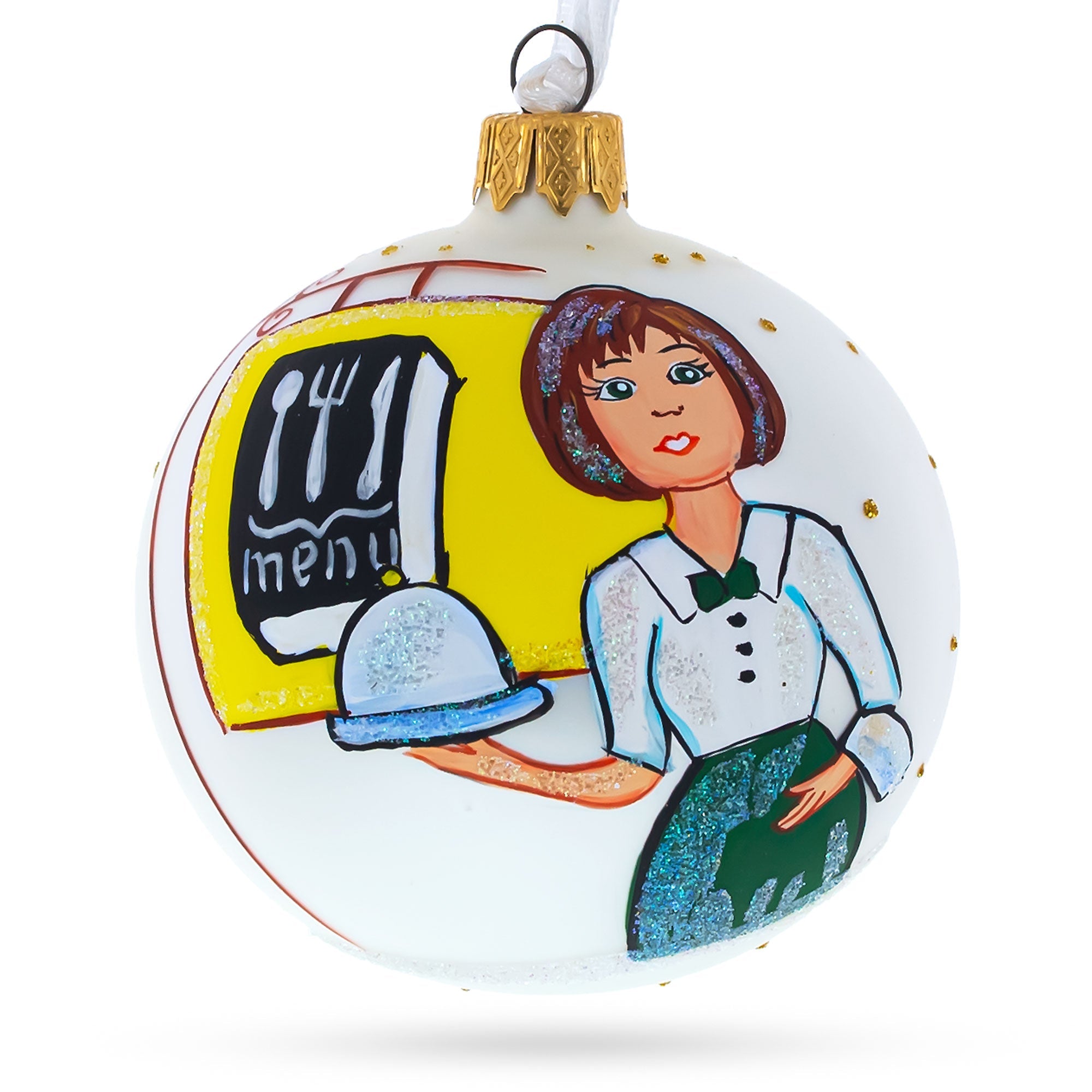 Service With A Smile: Waitress Blown Glass Ball Christmas Ornament 3.25 Inches