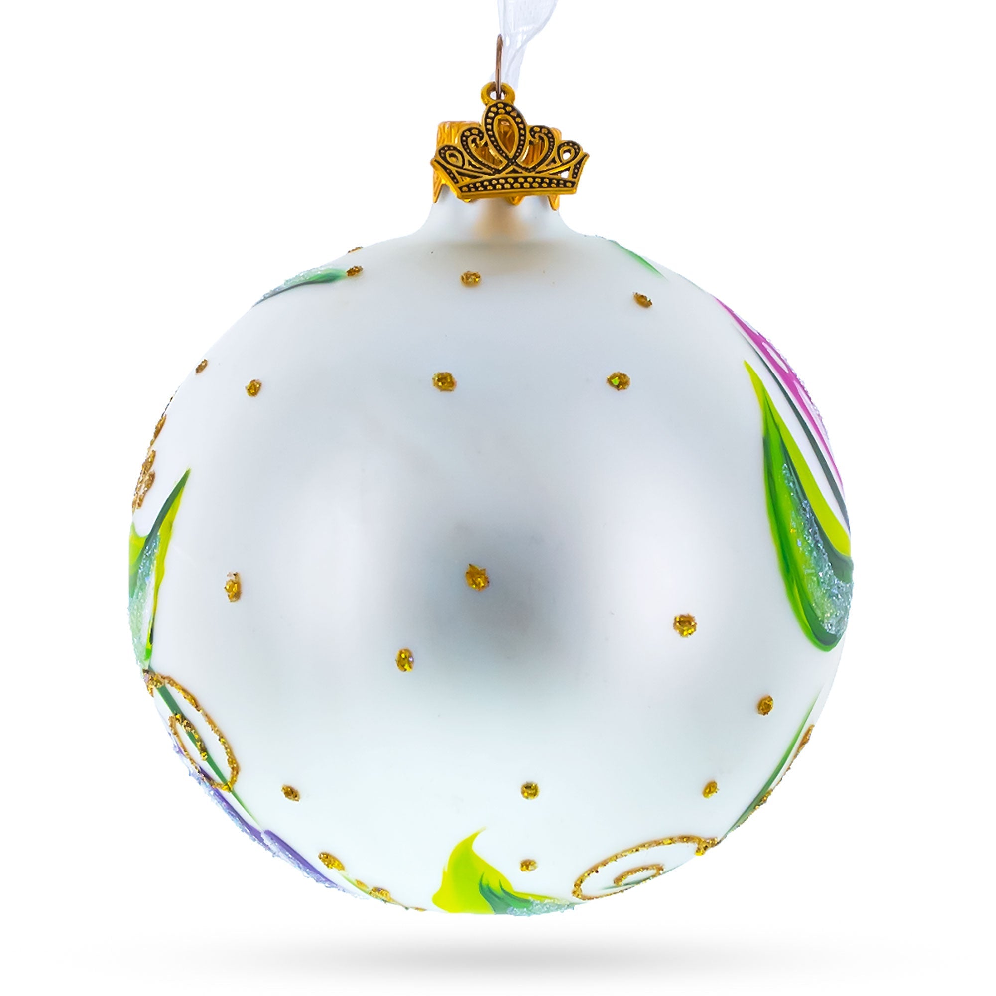 Vibrant Tulip Bouquet On White Blown Glass Ball Christmas Ornament 3.25 Inches