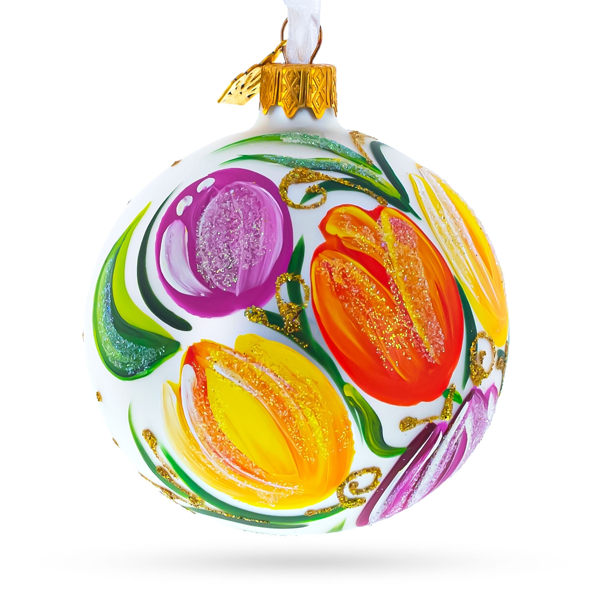 Vibrant Tulip Bouquet On White Blown Glass Ball Christmas Ornament 3.25 Inches