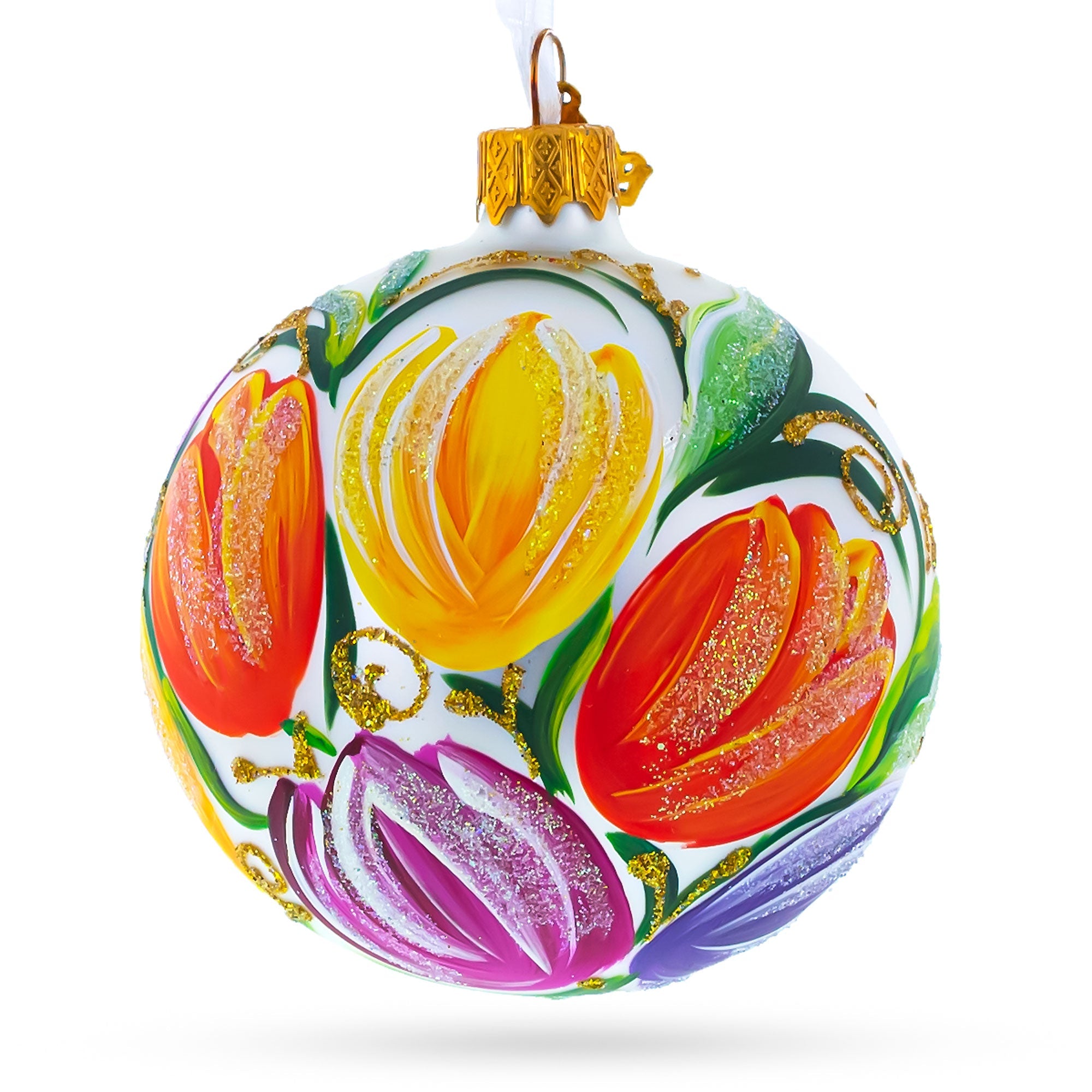 Vibrant Tulip Bouquet On White Blown Glass Ball Christmas Ornament 3.25 Inches