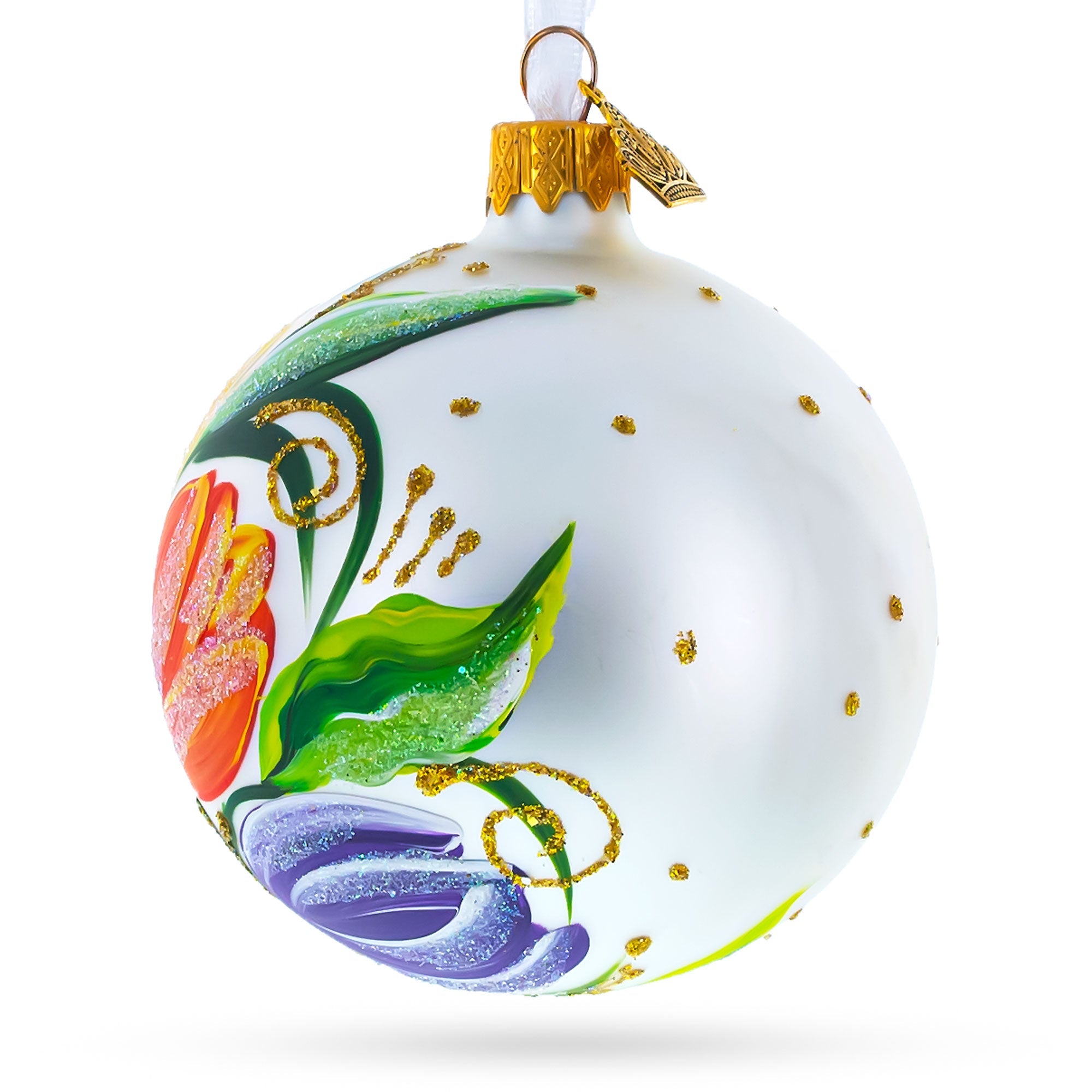 Vibrant Tulip Bouquet On White Blown Glass Ball Christmas Ornament 3.25 Inches