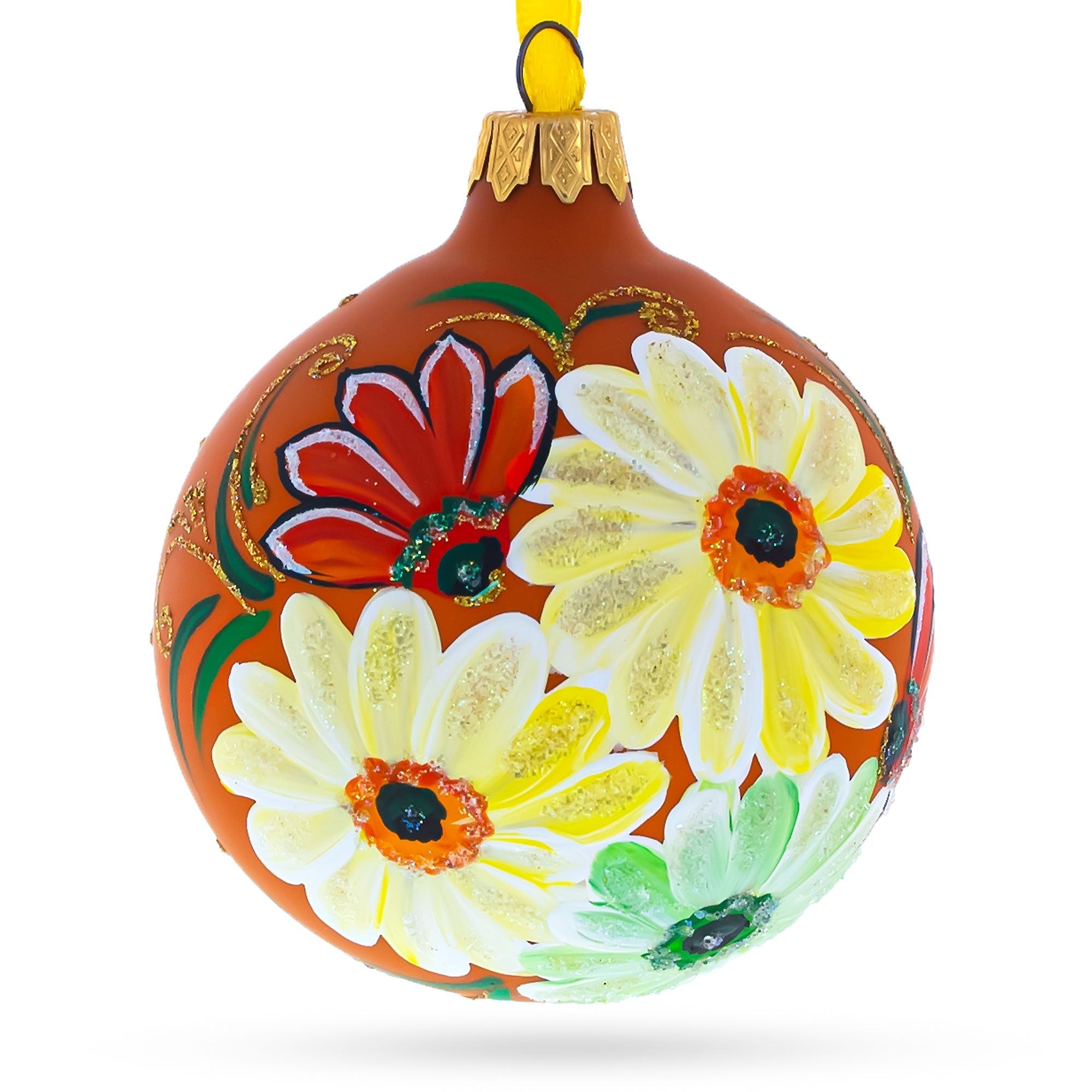 Vibrant Gerbera Daisies Blown Glass Ball Christmas Ornament 3.25 Inches