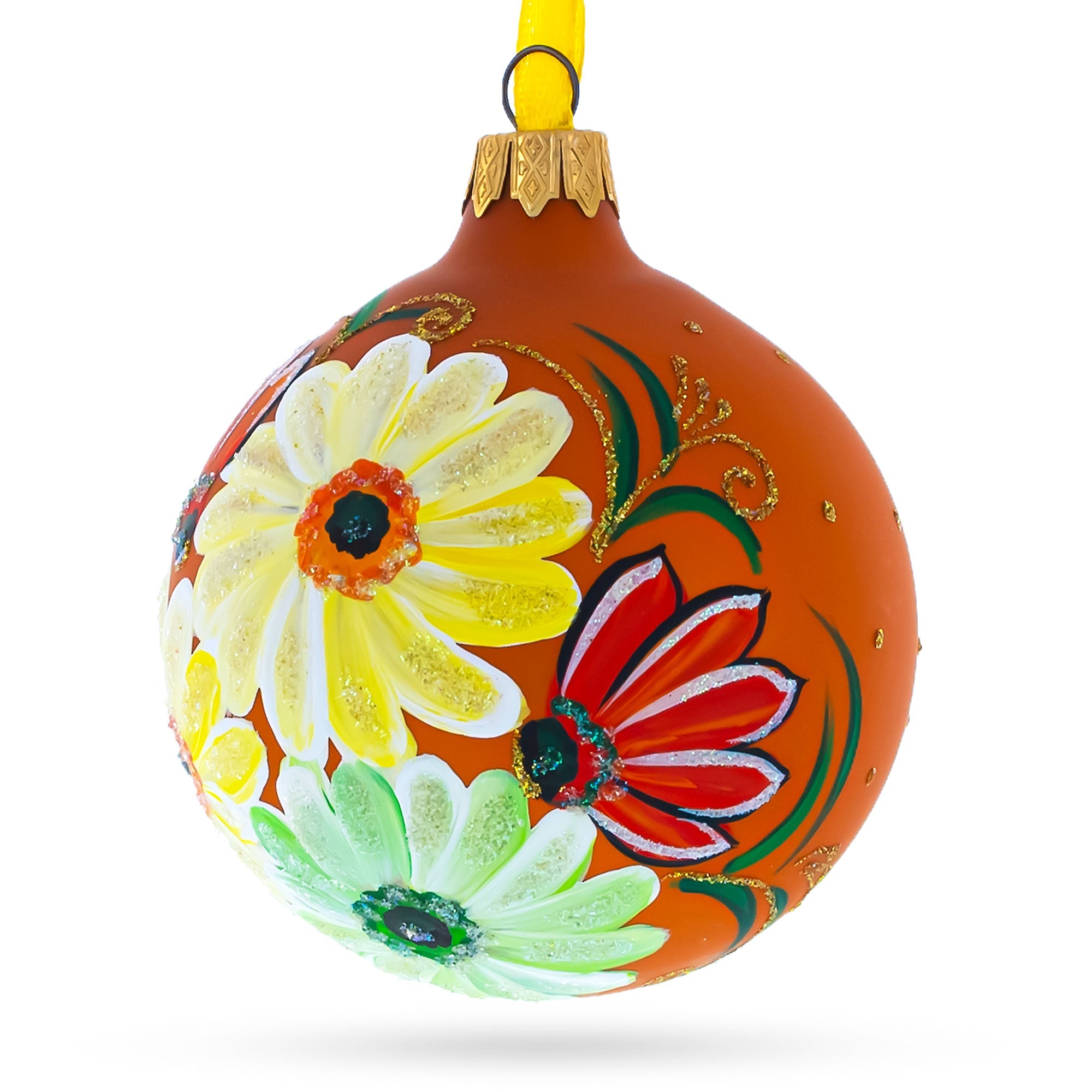 Vibrant Gerbera Daisies Blown Glass Ball Christmas Ornament 3.25 Inches