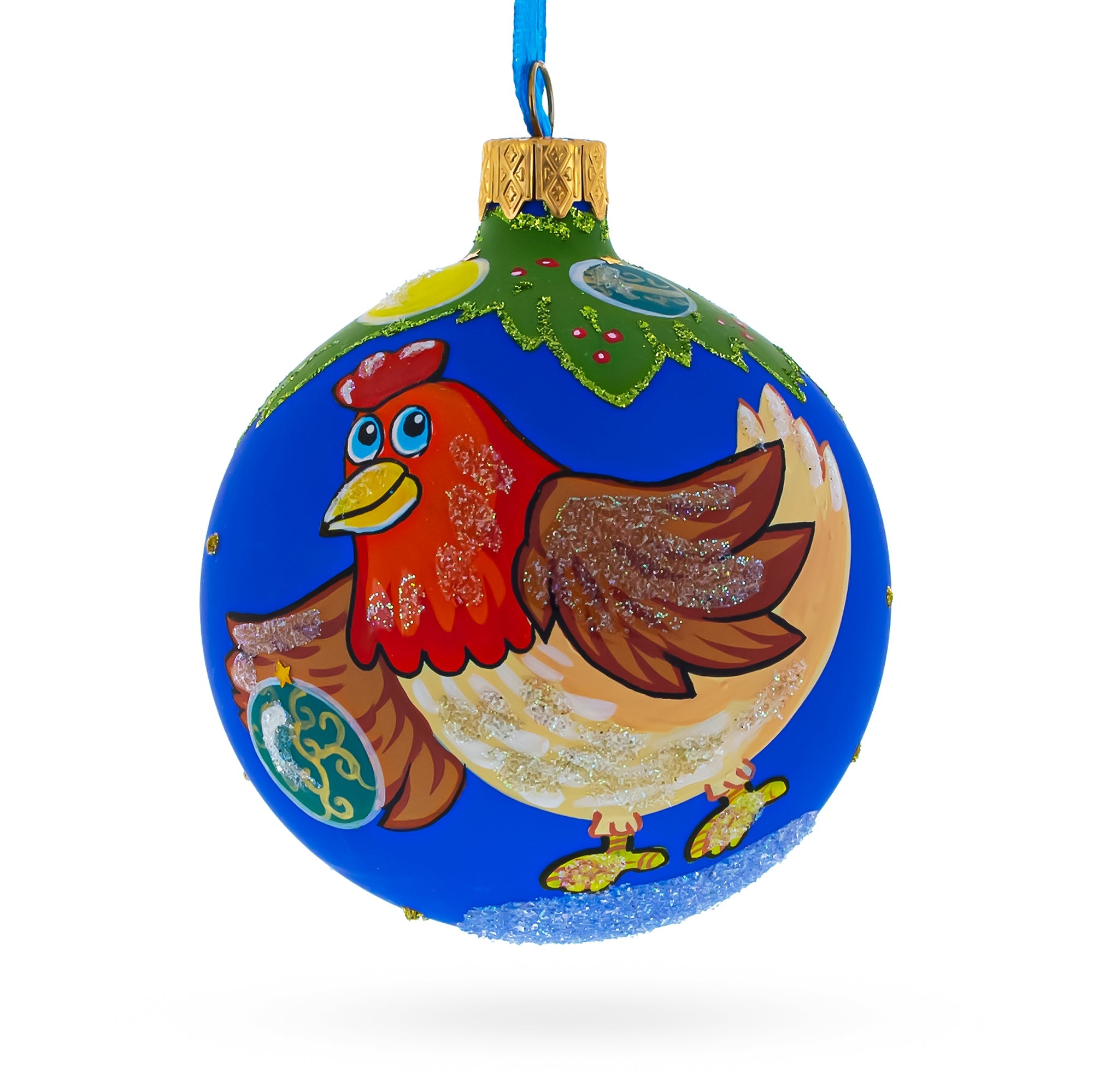 Whimsical Hen Decorating The Tree Blown Glass Christmas Ornament 3.25 Inches