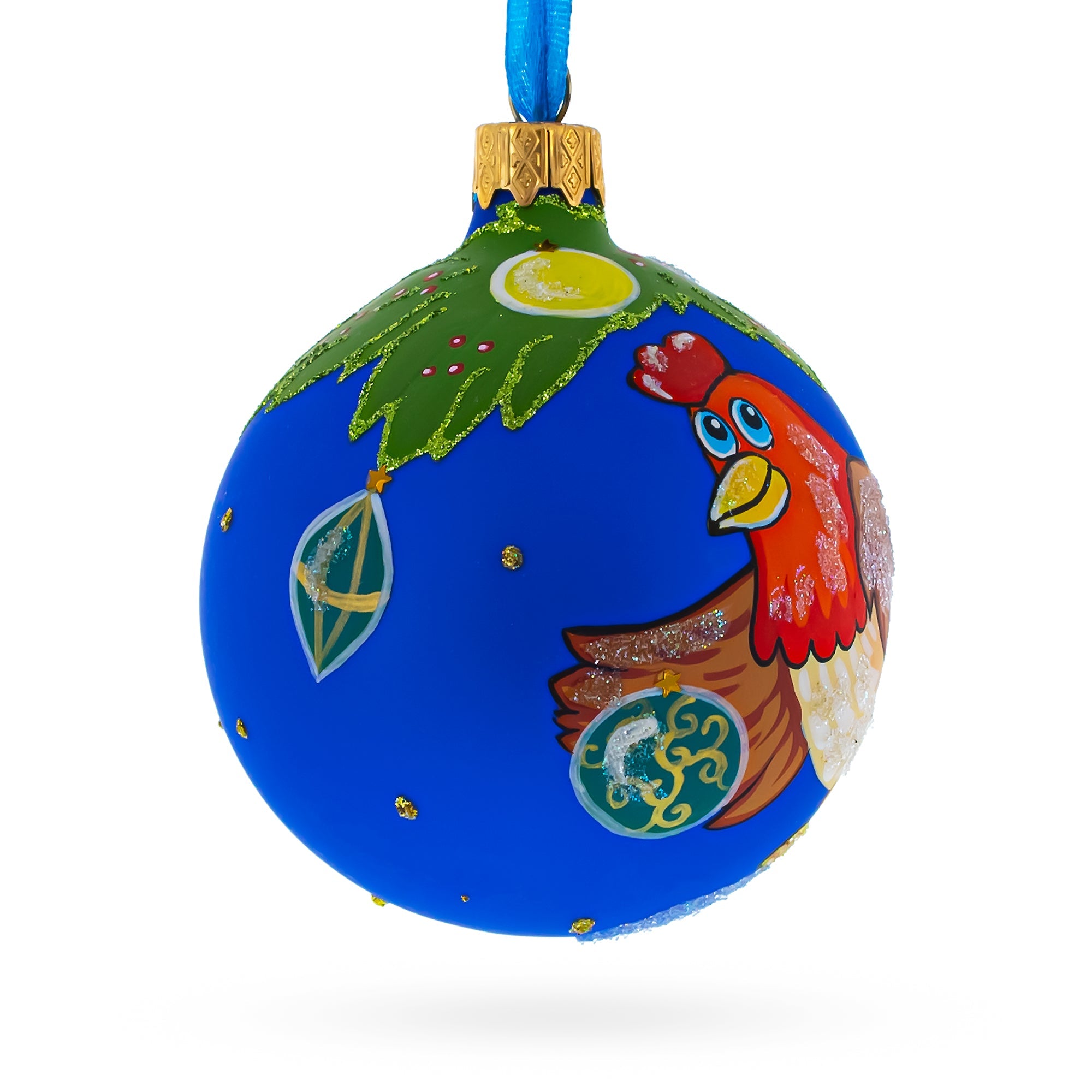 Whimsical Hen Decorating The Tree Blown Glass Christmas Ornament 3.25 Inches