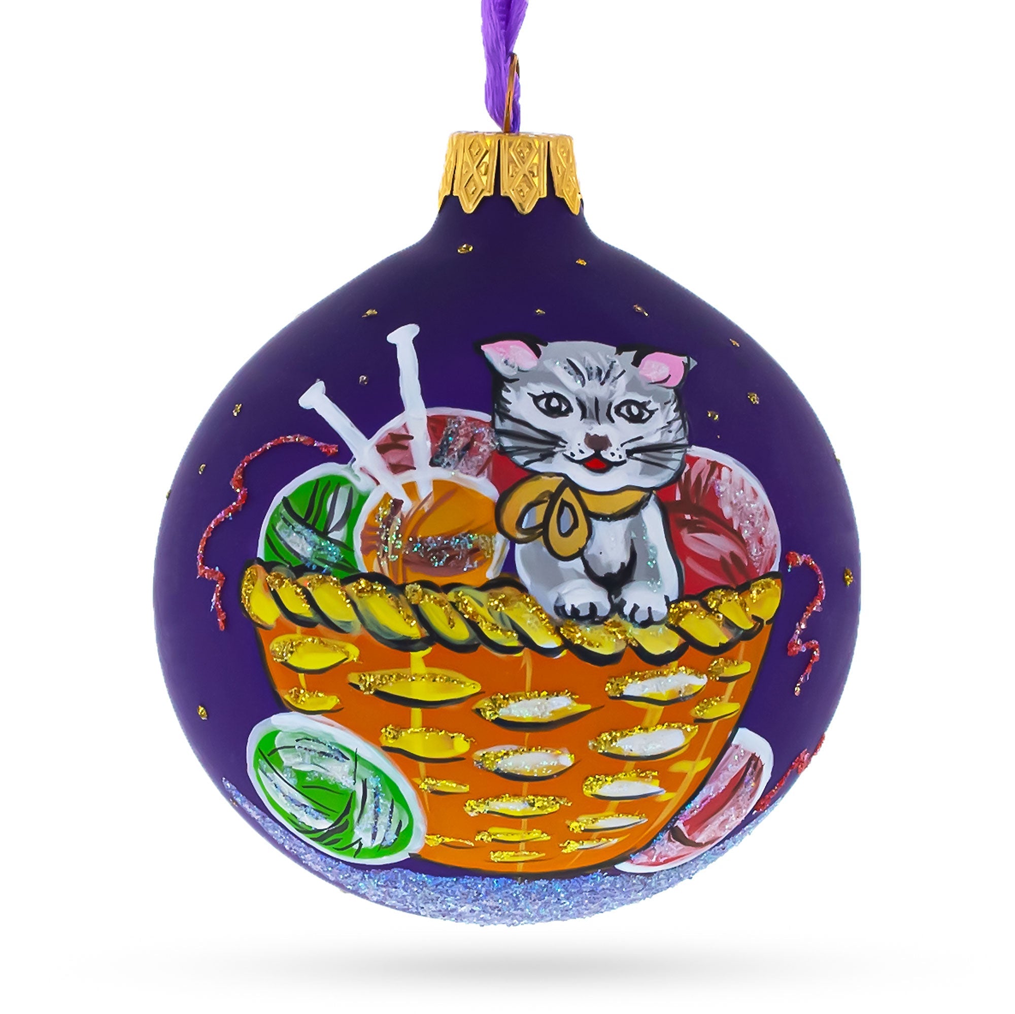 Playful Kitten With Yarn Blown Balls Glass Christmas Ornament 3.25 Inches