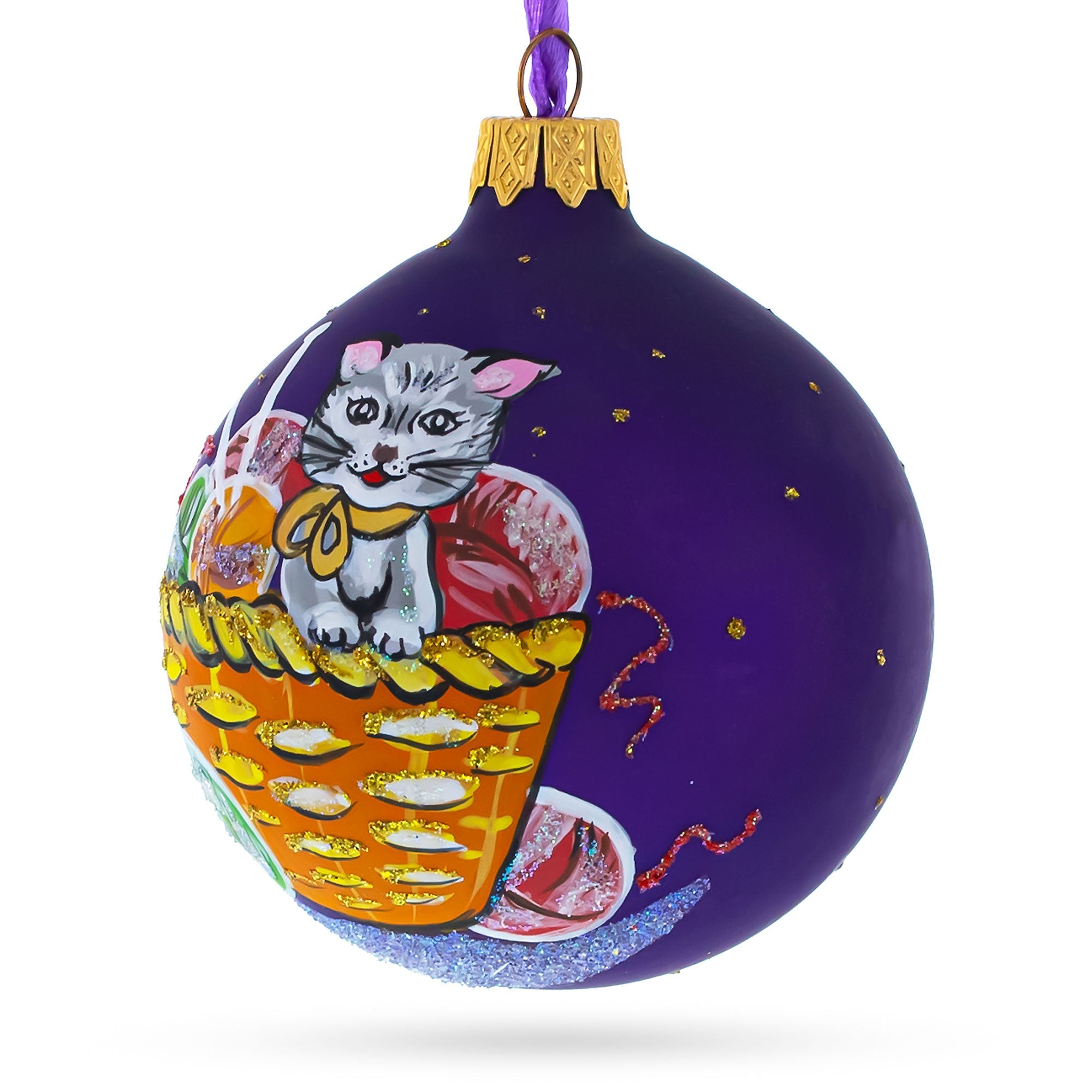 Playful Kitten With Yarn Blown Balls Glass Christmas Ornament 3.25 Inches