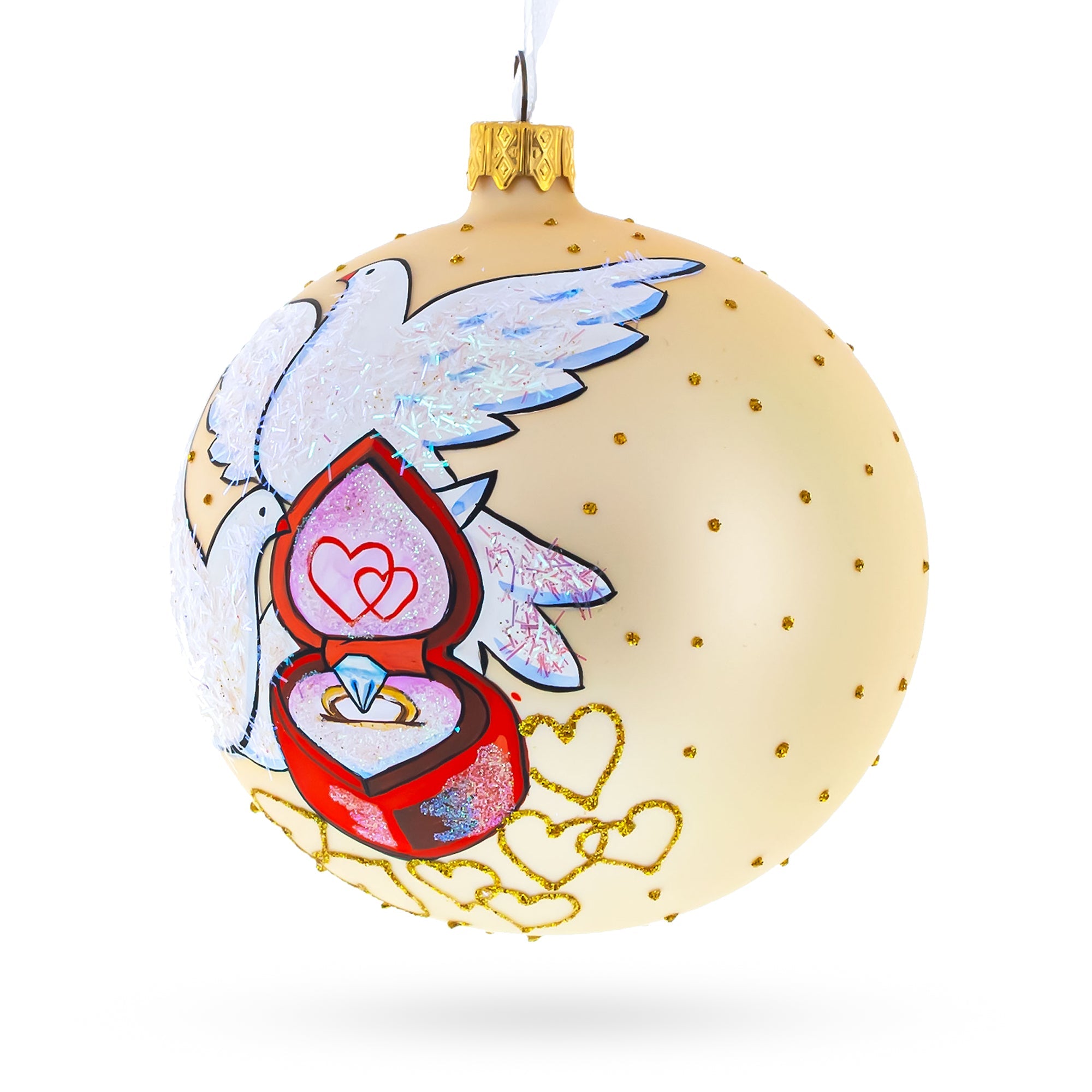 Lovebirds: Doves And Wedding Ring Blown Glass Ball Christmas Ornament 4 Inches