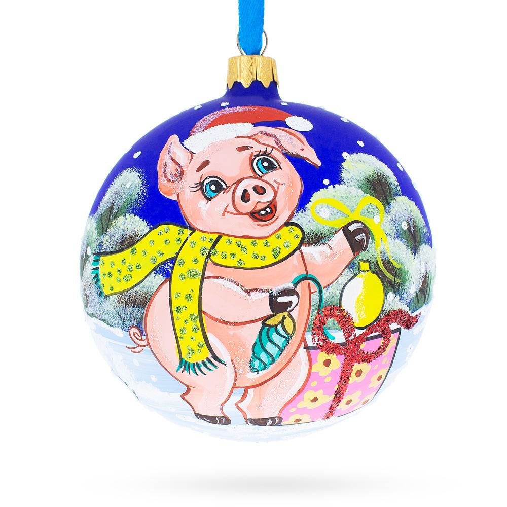 Festive Pigs Decorating Tree Blown Glass Ball Christmas Ornament 4 Inches