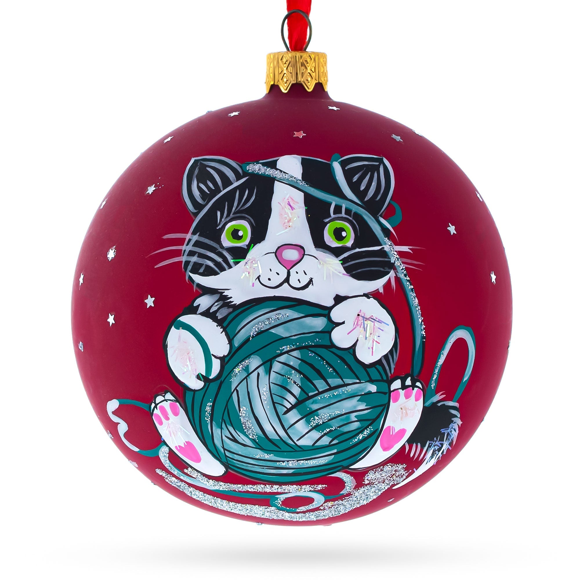 Playful Kitten With Green Yarn Glass Blown Ball Christmas Ornament 4 Inches