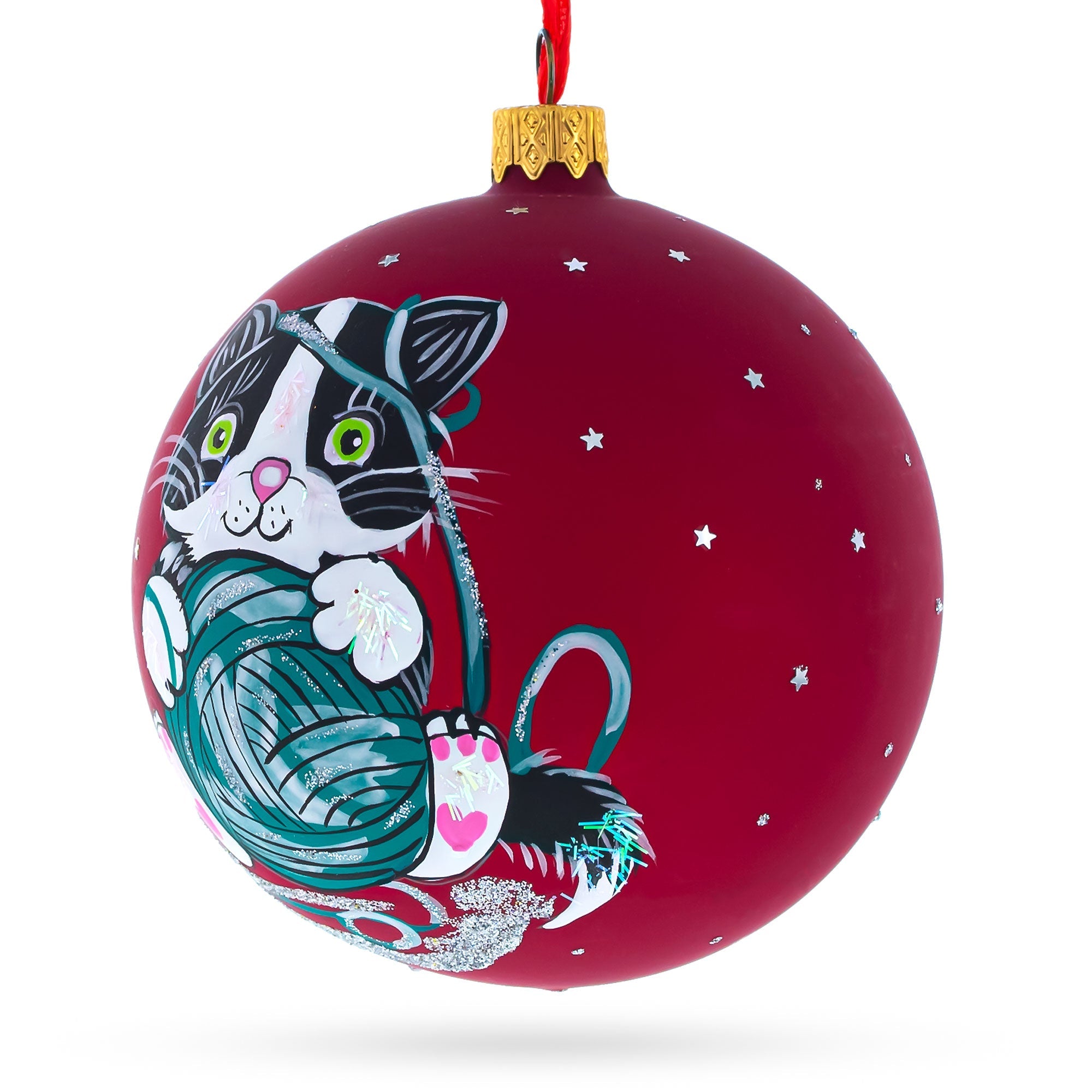 Playful Kitten With Green Yarn Glass Blown Ball Christmas Ornament 4 Inches