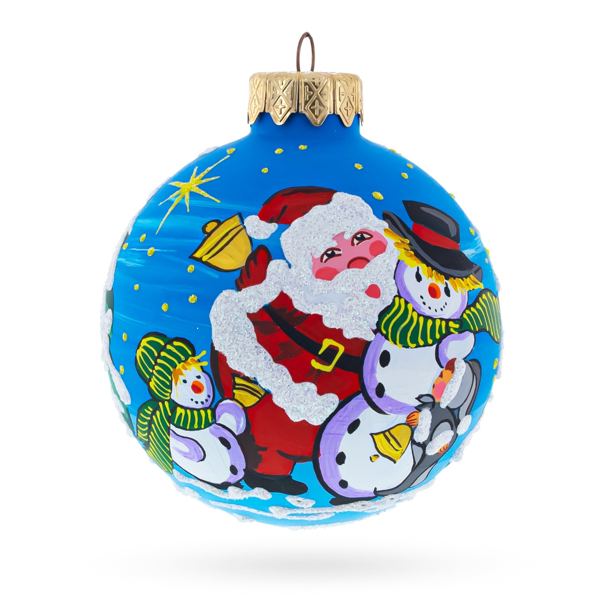 Festive Santa And Two Snowmen Blown Glass Ball Christmas Ornament 3.25 Inches