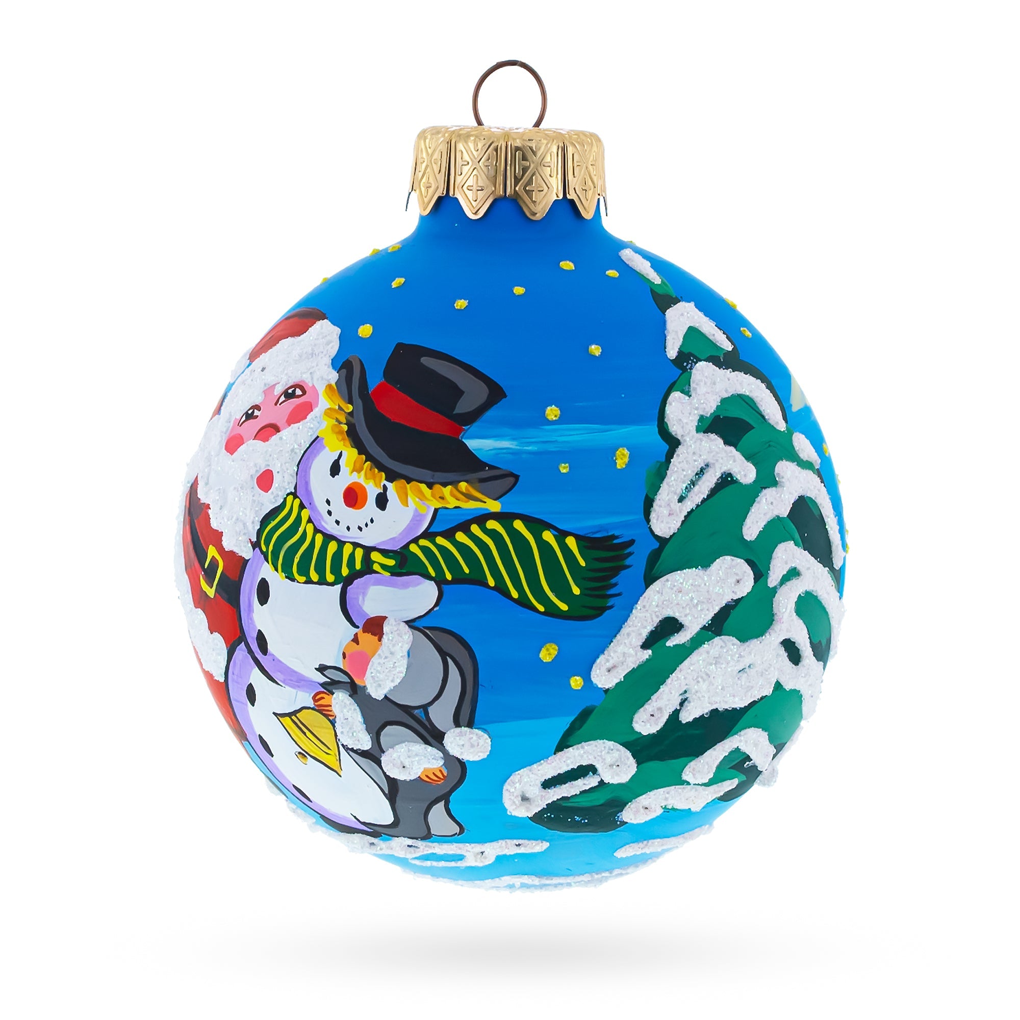 Festive Santa And Two Snowmen Blown Glass Ball Christmas Ornament 3.25 Inches