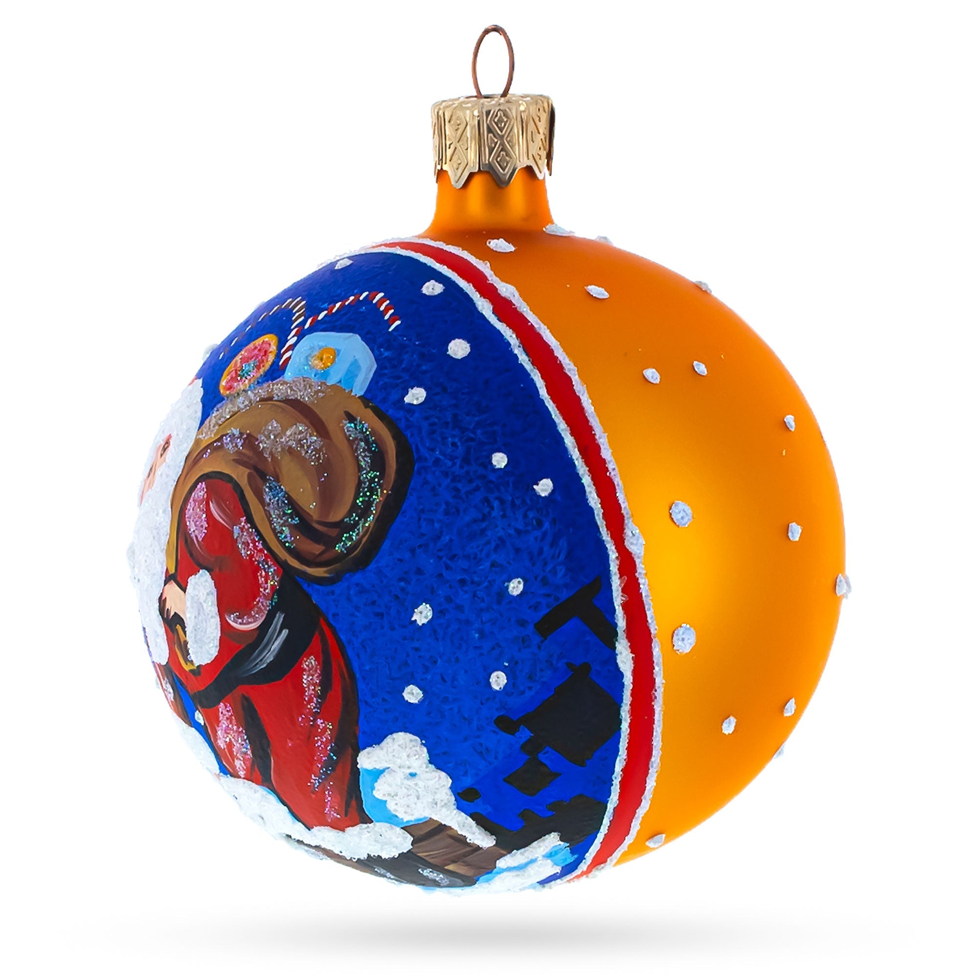 Cheerful Santa Climbing Down The Chimney Blown Glass Ball Christmas Ornament 3.25 Inches