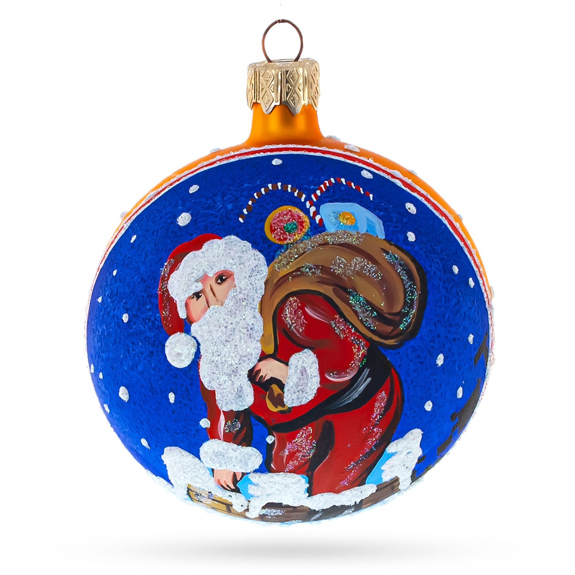 Cheerful Santa Climbing Down The Chimney Blown Glass Ball Christmas Ornament 3.25 Inches