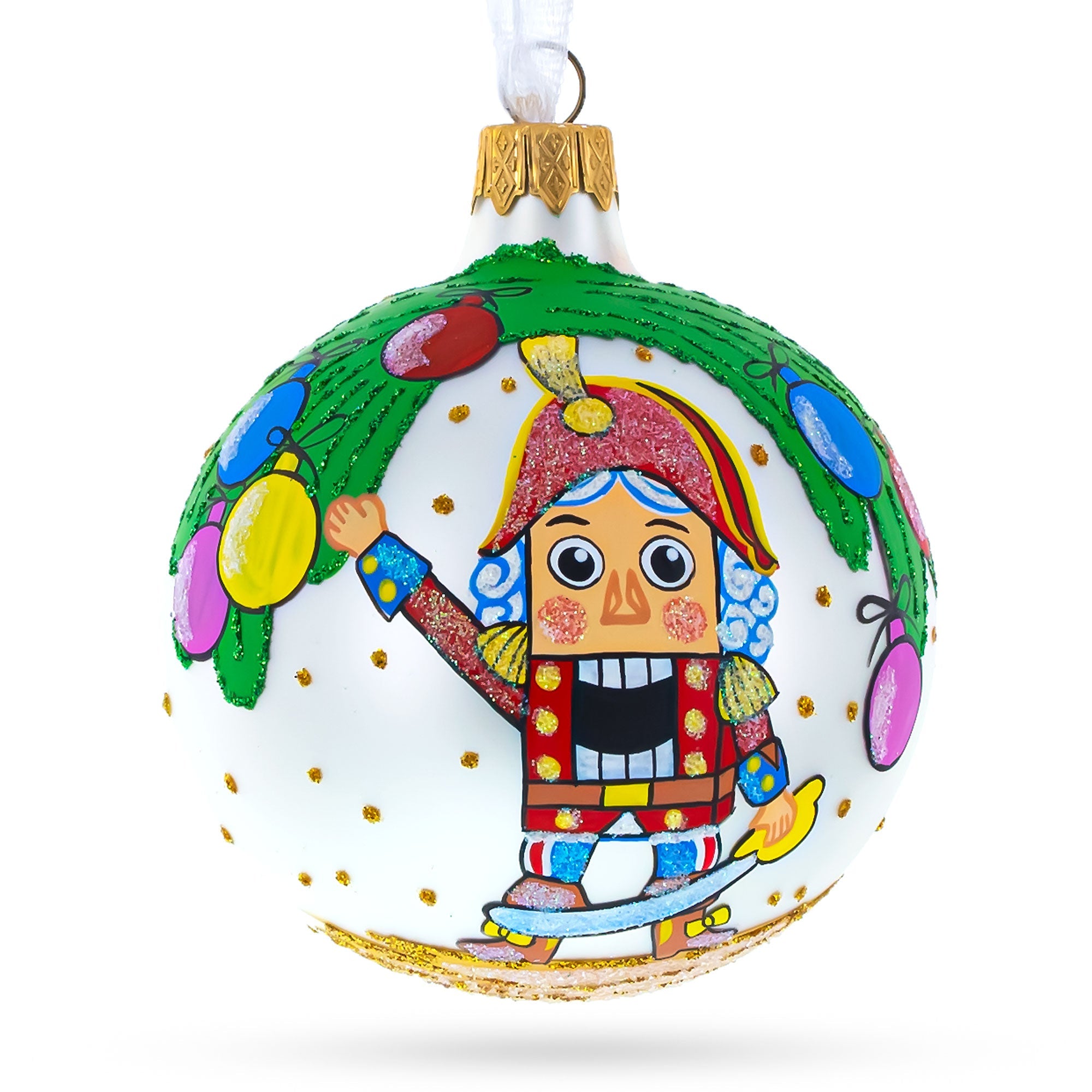 Yuletide Elegance: Nutcracker And Christmas Tree Blown Glass Ball Ornament 3.25 Inches