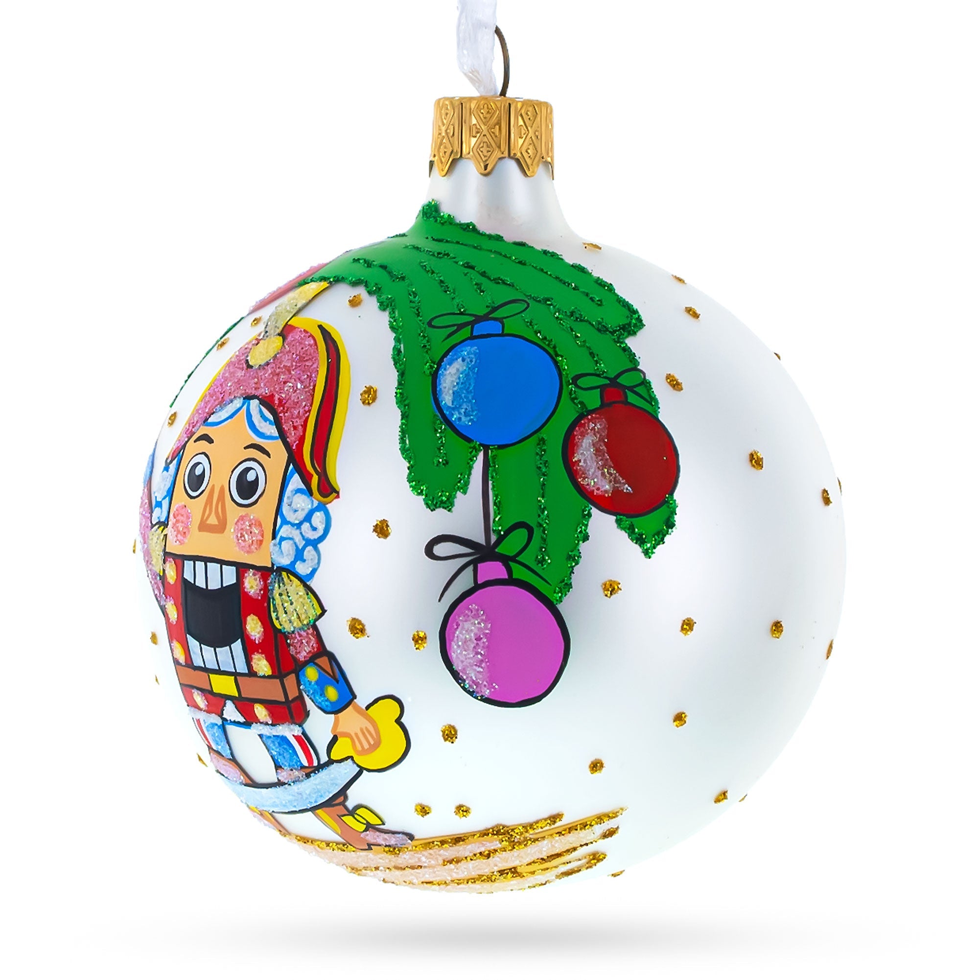 Yuletide Elegance: Nutcracker And Christmas Tree Blown Glass Ball Ornament 3.25 Inches