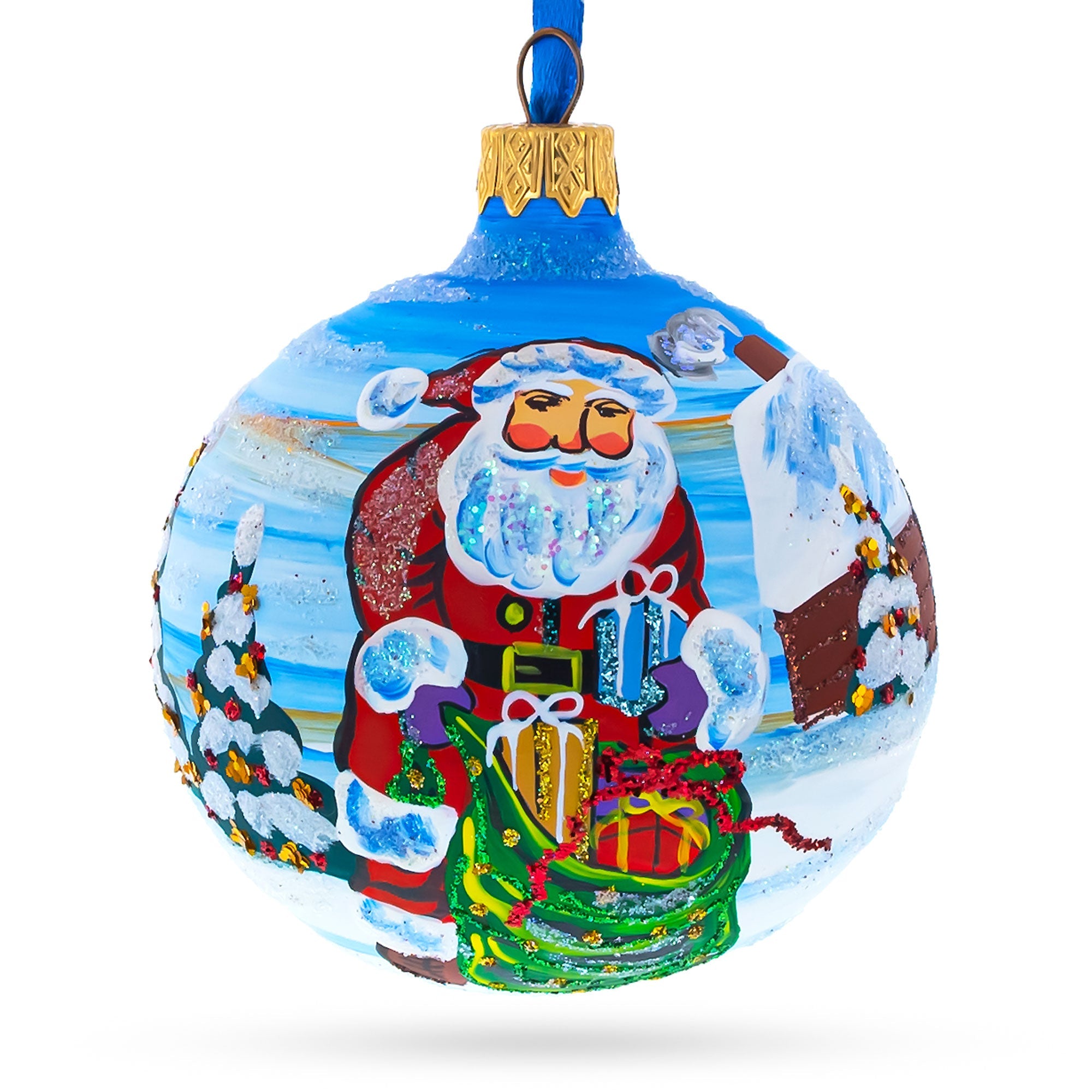 Generous Santa: Santa With Bag Of Gifts Blown Glass Ball Christmas Ornament 3.25 Inches