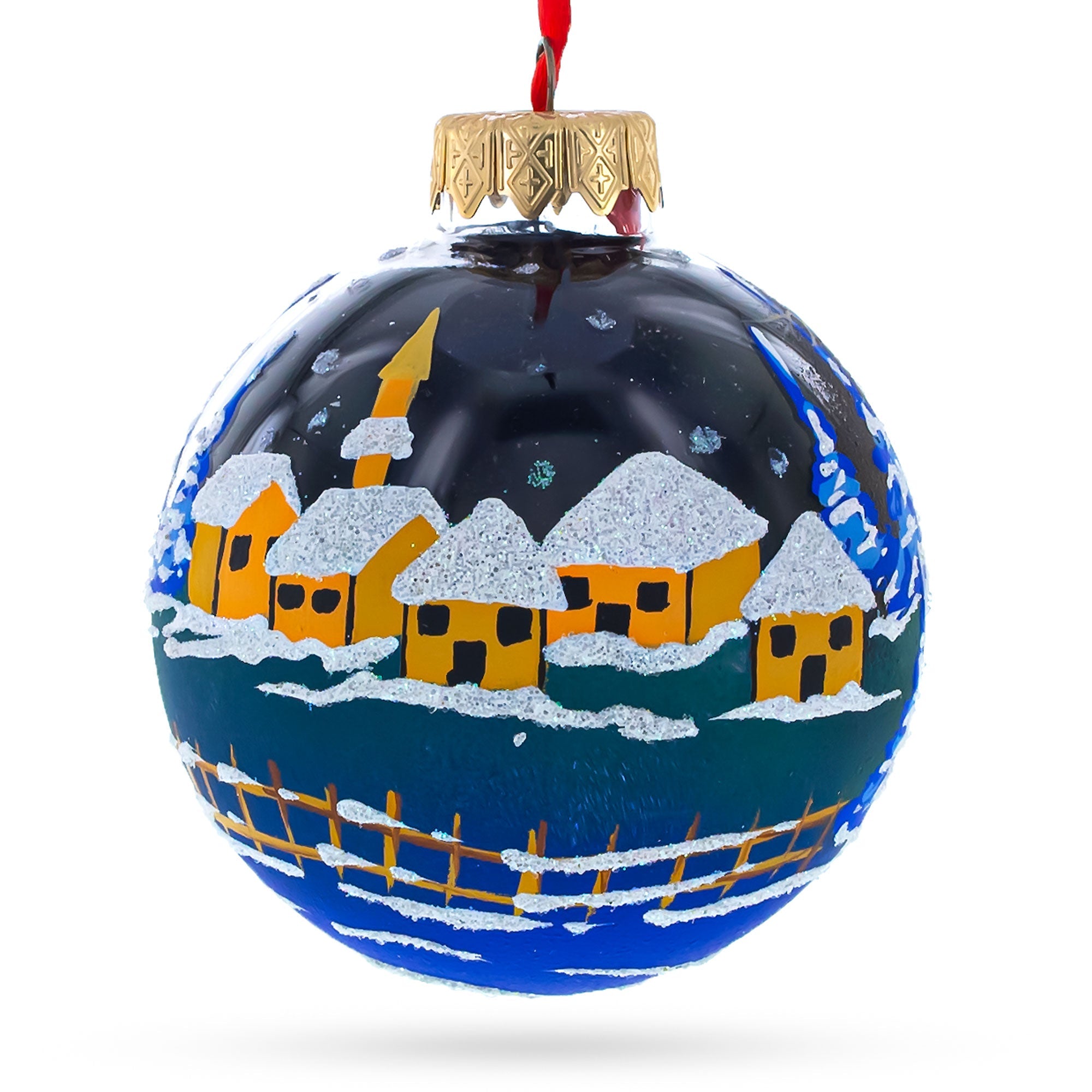 Santa's Moonlit Sleigh Ride With Reindeer Blown Glass Ball Christmas Ornament 3.25 Inches