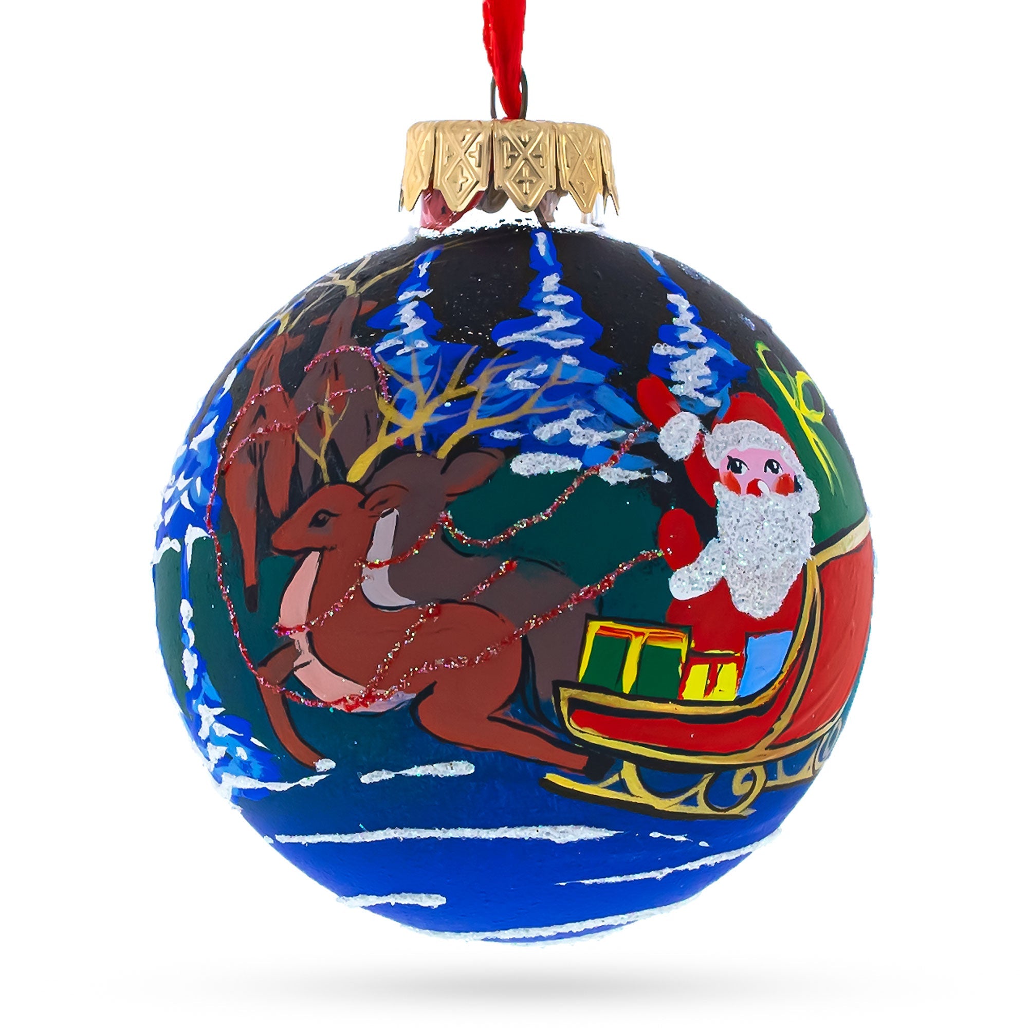 Santa's Moonlit Sleigh Ride With Reindeer Blown Glass Ball Christmas Ornament 3.25 Inches