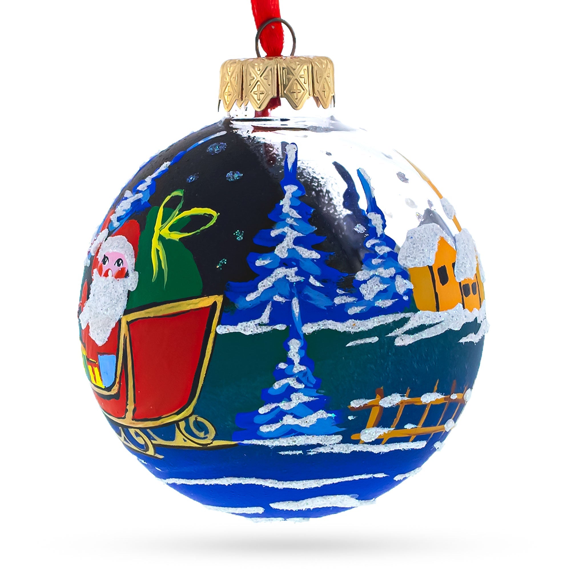 Santa's Moonlit Sleigh Ride With Reindeer Blown Glass Ball Christmas Ornament 3.25 Inches