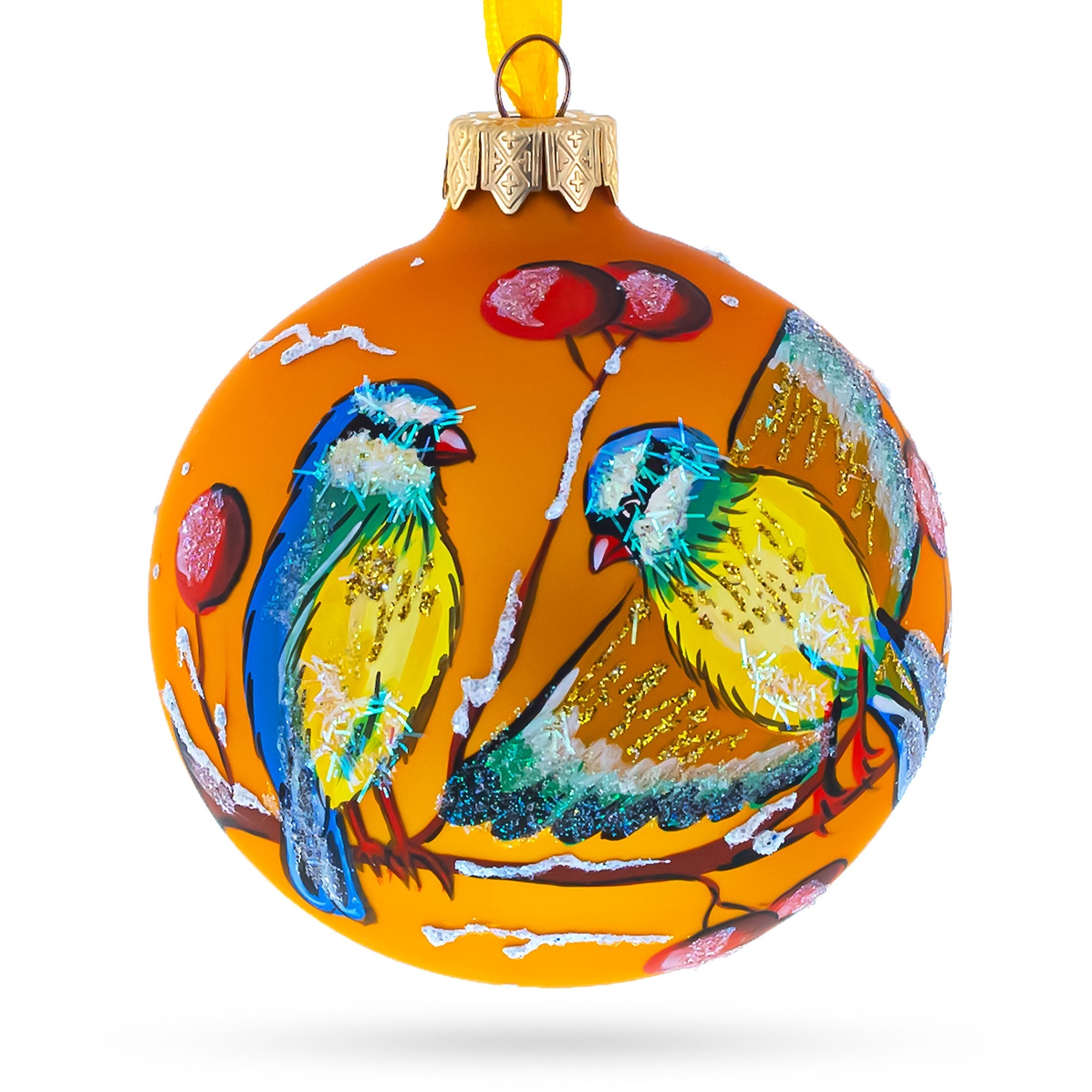 Cheerful Yellow And Blue Birds Perched On Branch Blown Glass Ball Christmas Ornament 3.25 Inches