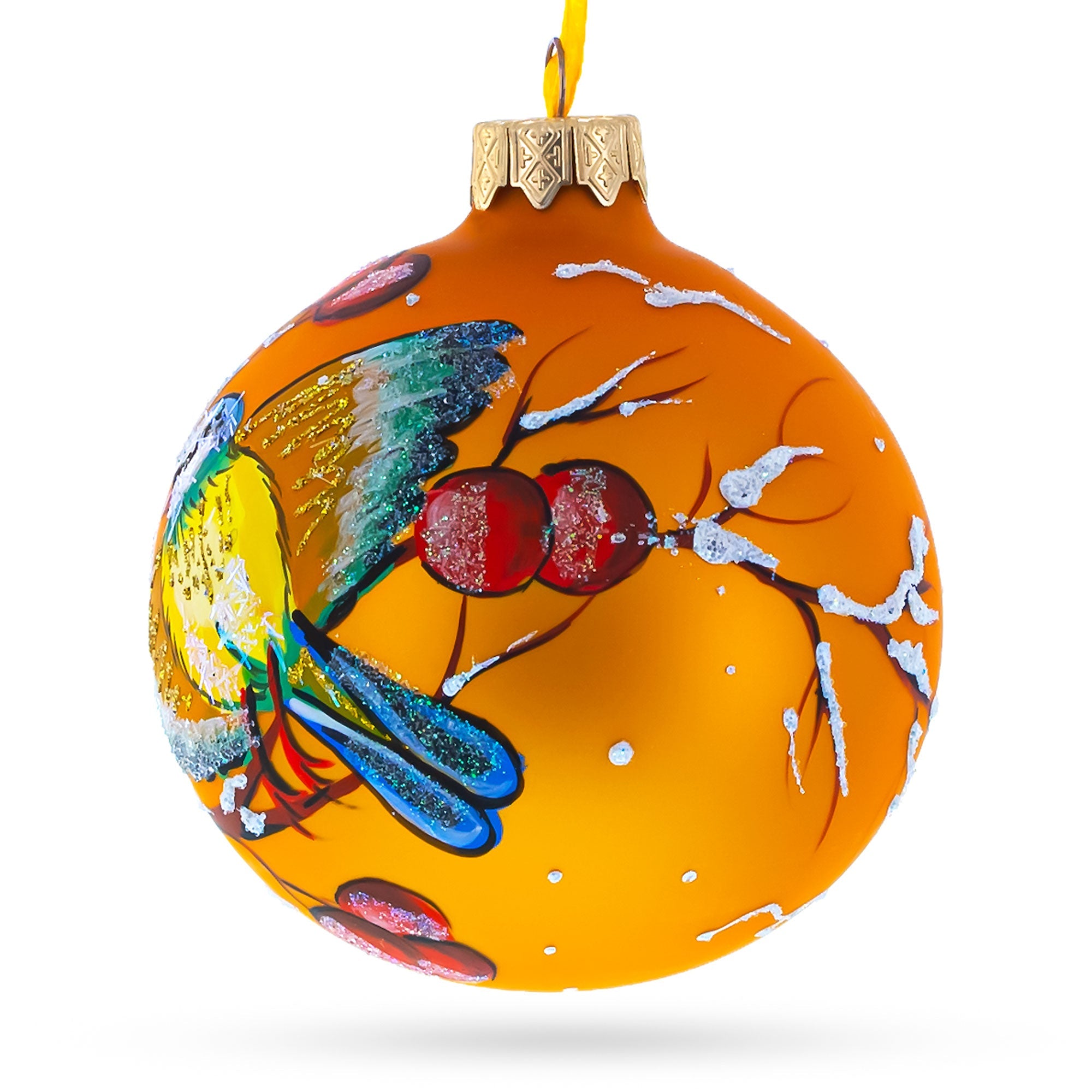 Cheerful Yellow And Blue Birds Perched On Branch Blown Glass Ball Christmas Ornament 3.25 Inches