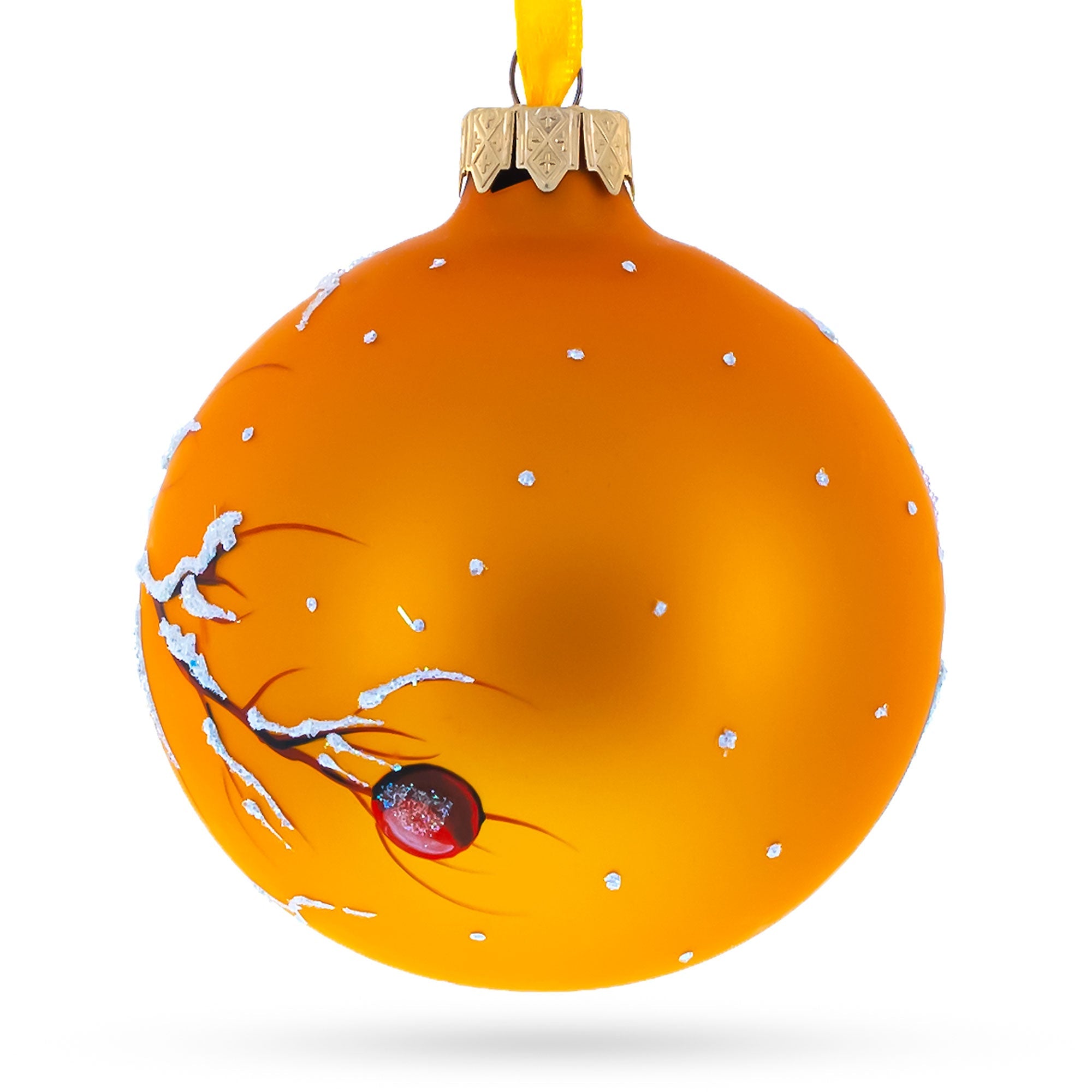 Cheerful Yellow And Blue Birds Perched On Branch Blown Glass Ball Christmas Ornament 3.25 Inches