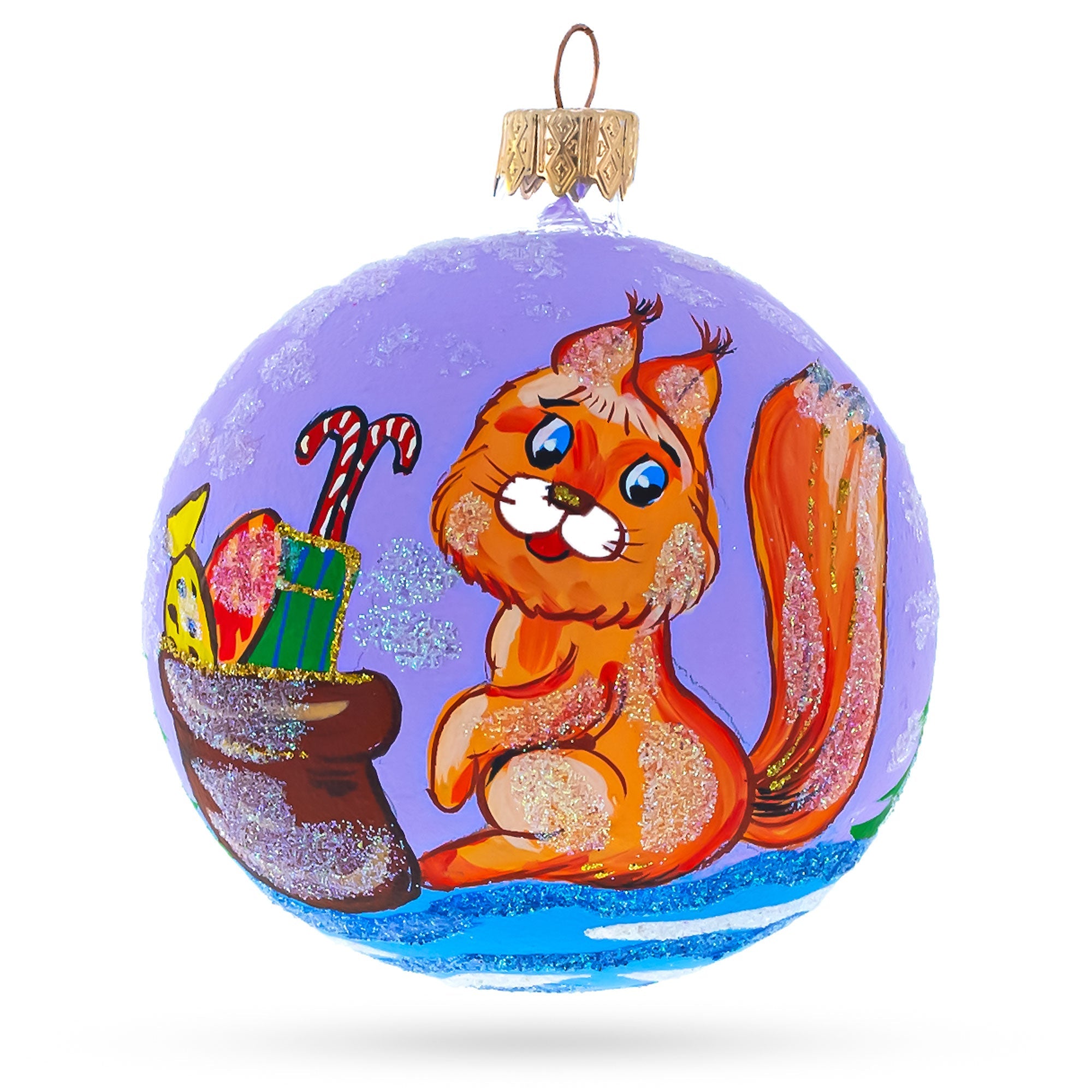 Delighted Squirrel Presenting Gifts Beside A Festive Tree Blown Glass Ball Christmas Ornament 3.25 Inches