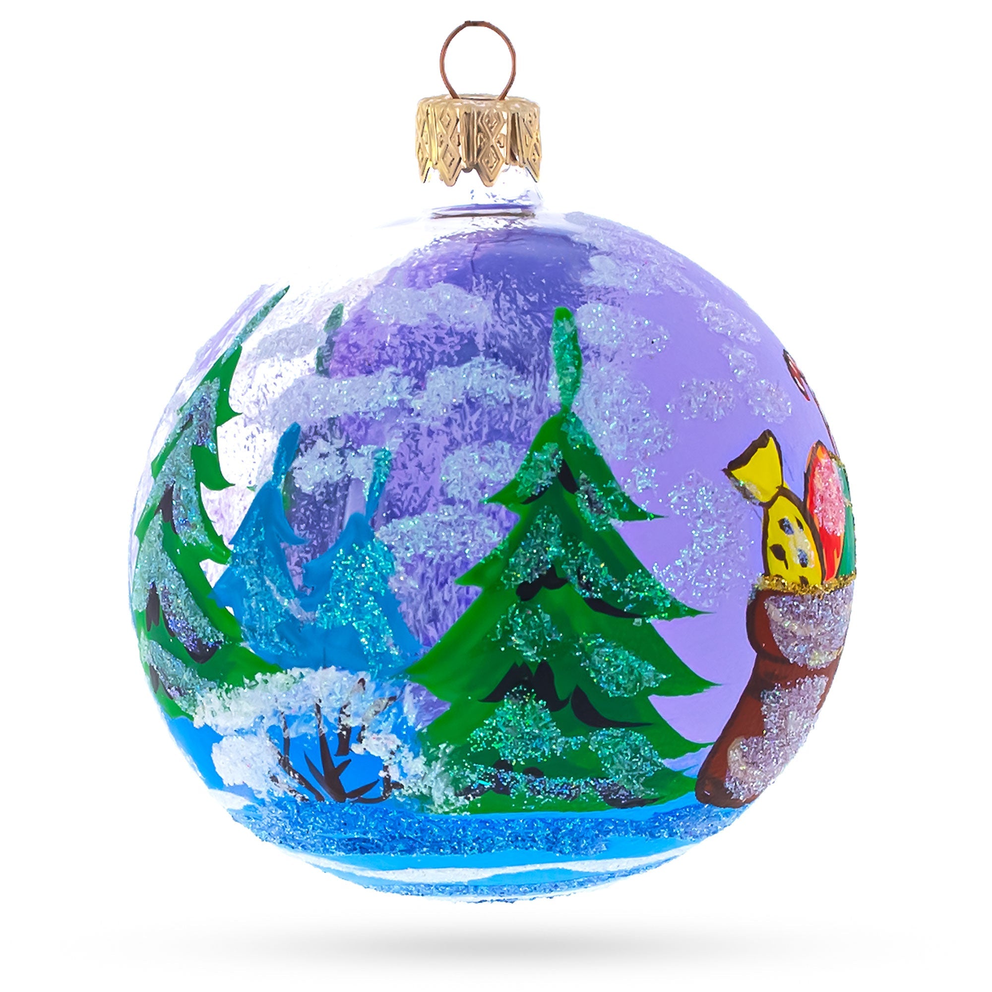 Delighted Squirrel Presenting Gifts Beside A Festive Tree Blown Glass Ball Christmas Ornament 3.25 Inches