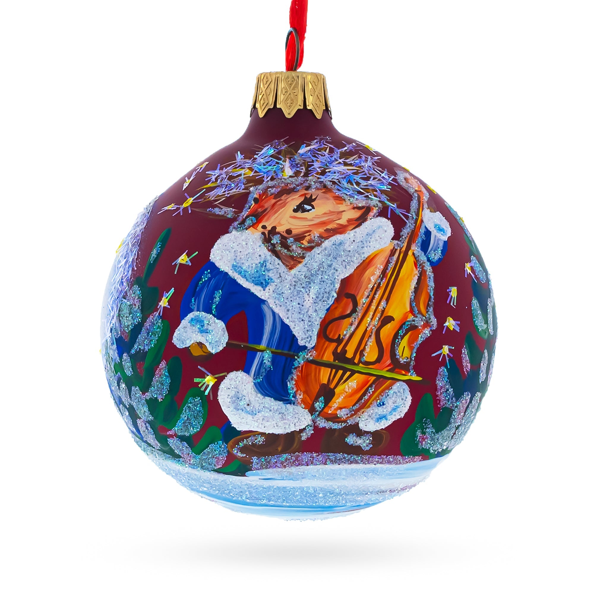 Musical Hedgehog Serenading With Cello Blown Glass Ball Christmas Ornament 3.25 Inches