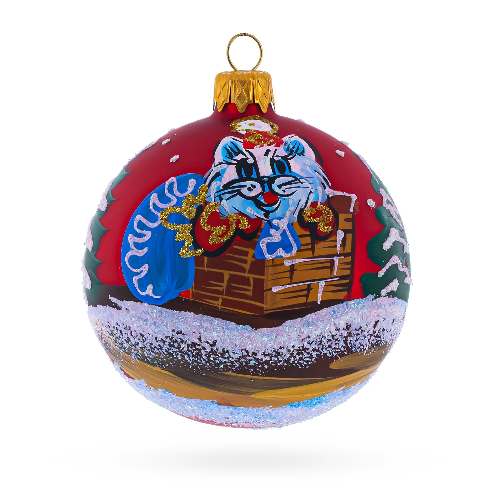 Mischievous Cat Stuck In Chimney Blown Glass Ball Christmas Ornament 3.25 Inches