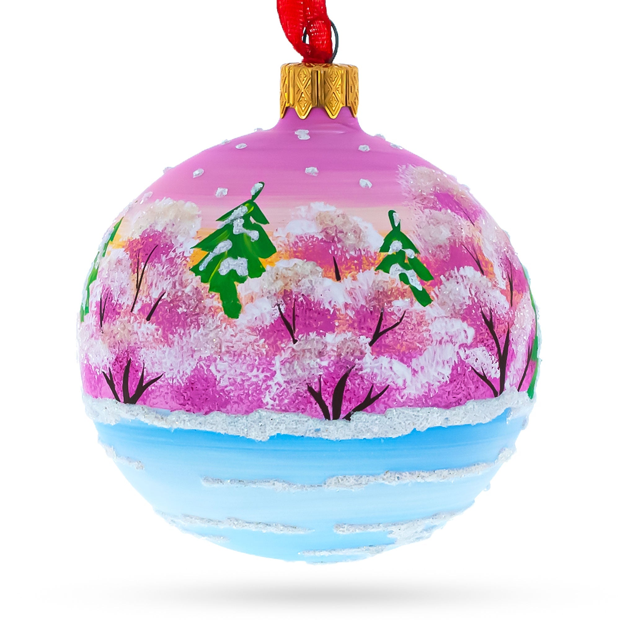 Romantic Whispers: Squirrel Couple Amidst Lotus Flower Blown Glass Ball Christmas Ornament 3.25 Inches