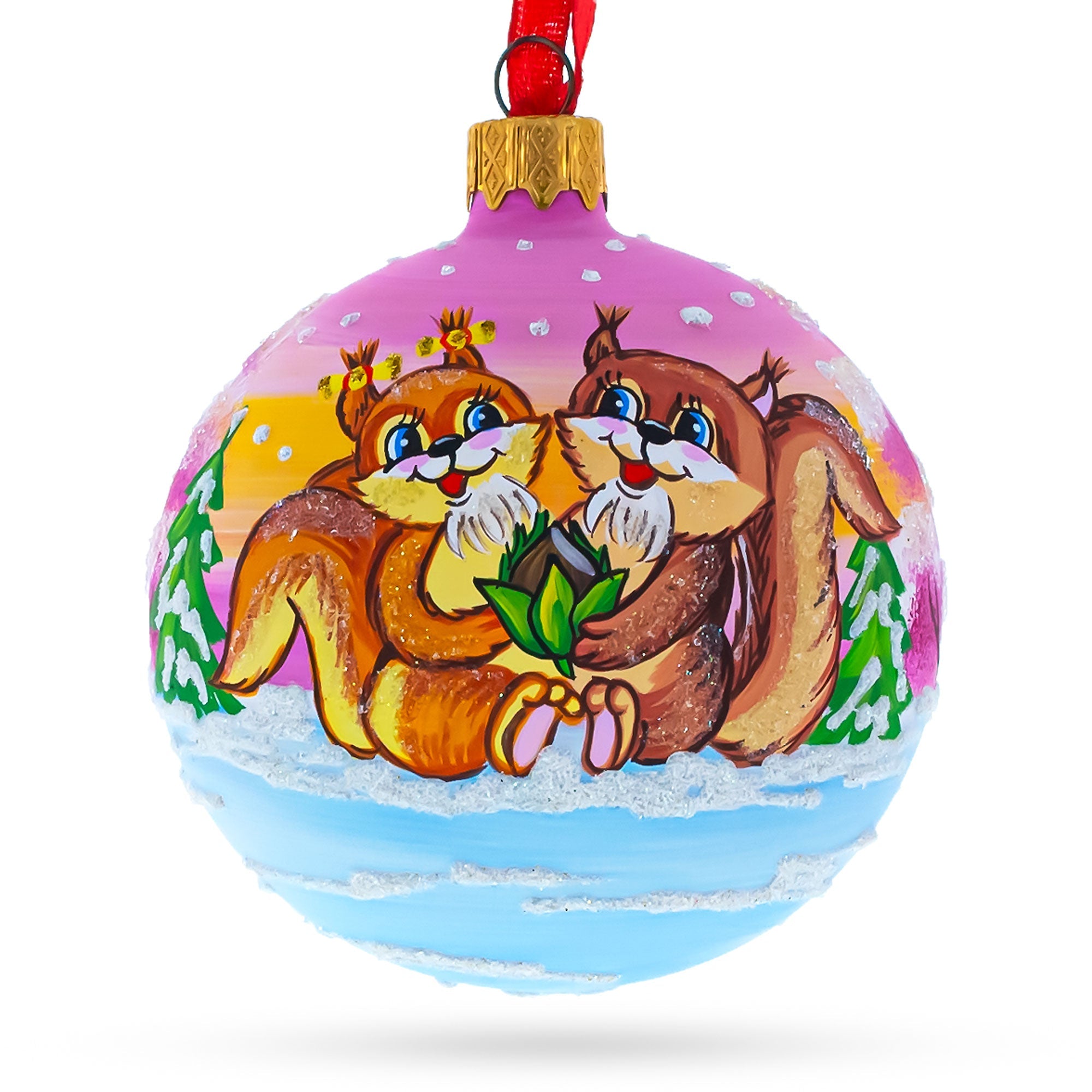 Romantic Whispers: Squirrel Couple Amidst Lotus Flower Blown Glass Ball Christmas Ornament 3.25 Inches