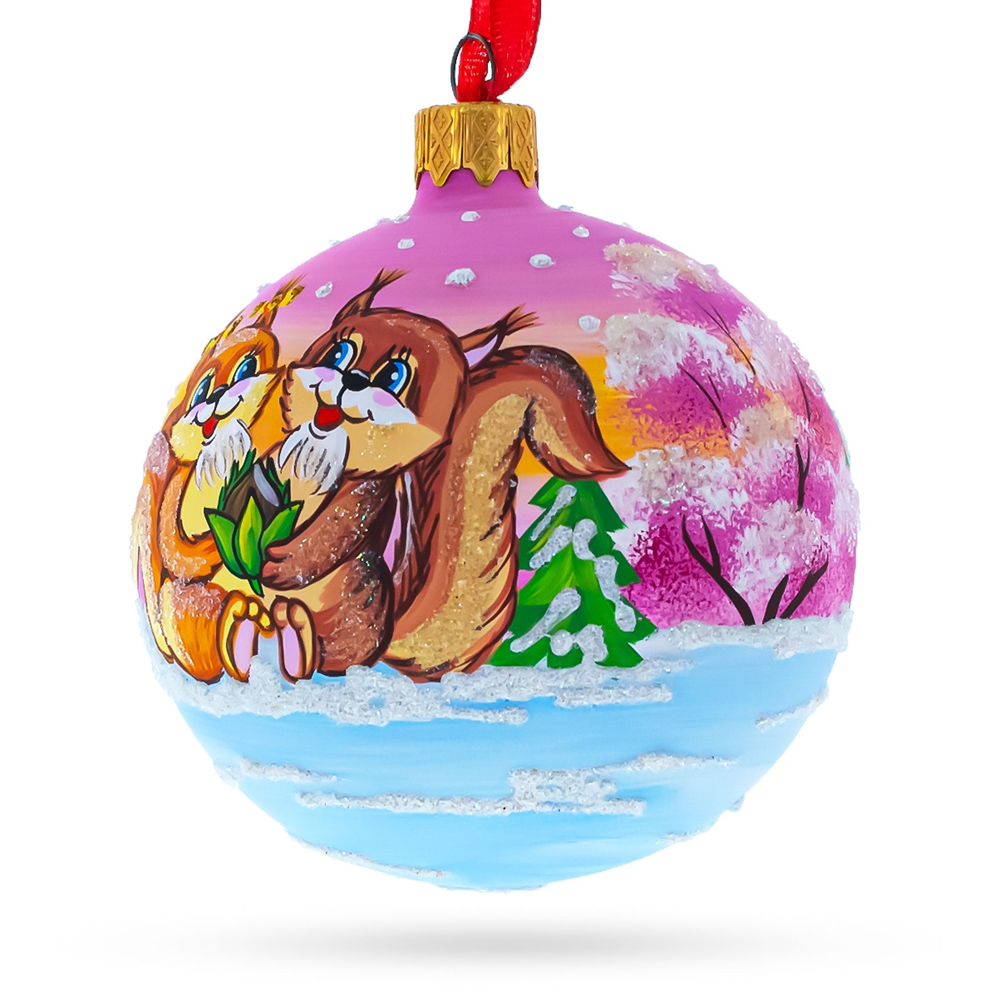 Romantic Whispers: Squirrel Couple Amidst Lotus Flower Blown Glass Ball Christmas Ornament 3.25 Inches